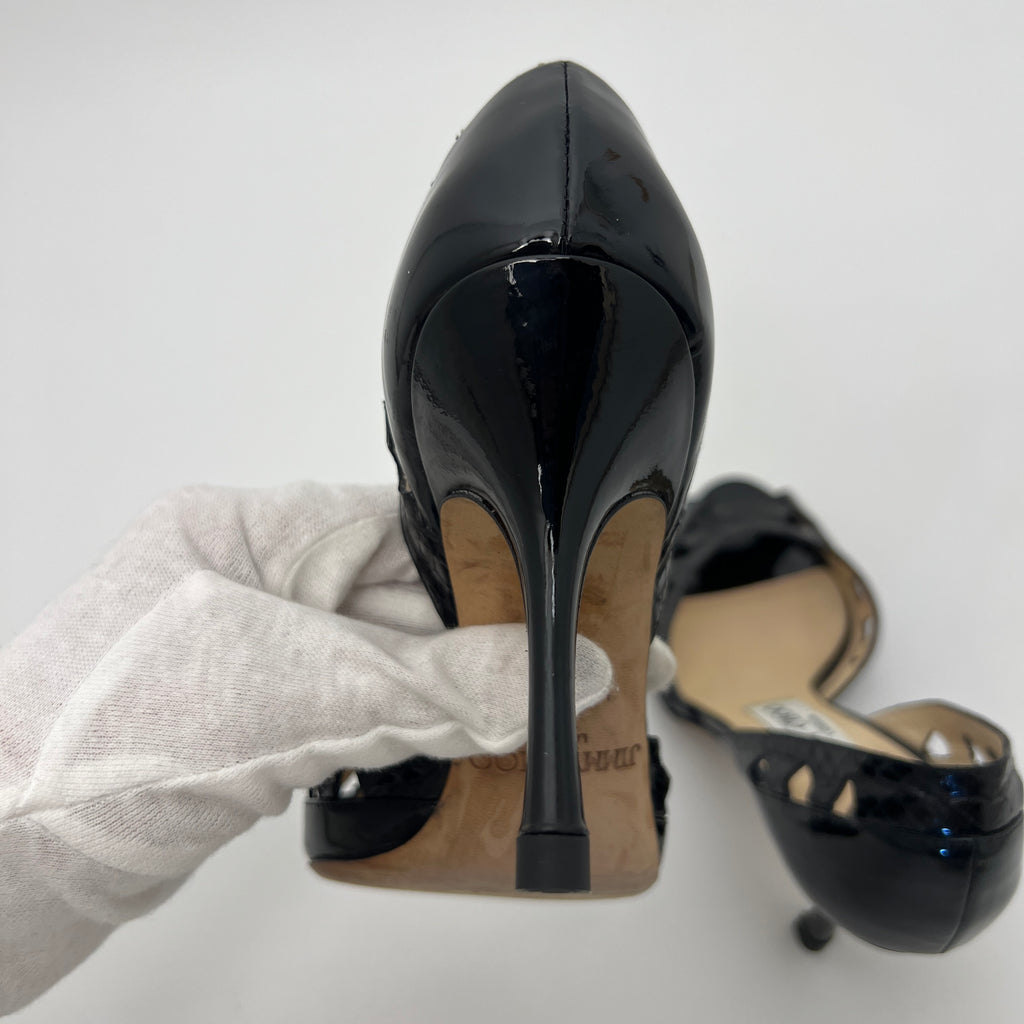 Jimmy Choo | Black Snake Patent Leather Cutout D'Orsay Stiletto Peep Toe (35)