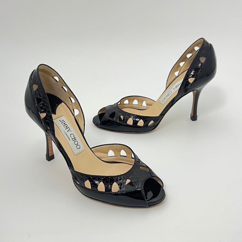 Jimmy Choo | Black Snake Patent Leather Cutout D'Orsay Stiletto Peep Toe (35)