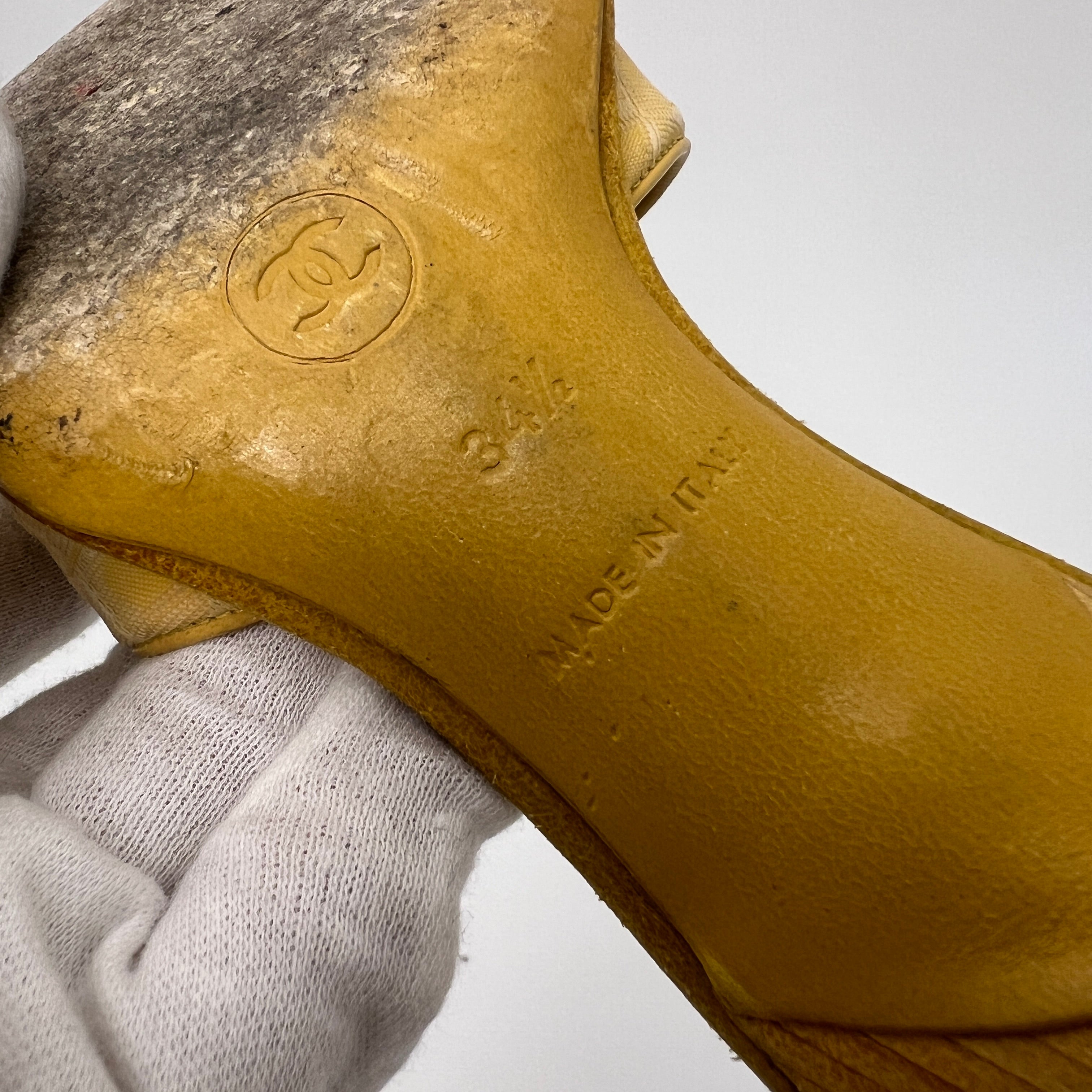 Chanel | Vintage Yellow Canvas CC Logo Black Button Mules (34.5)