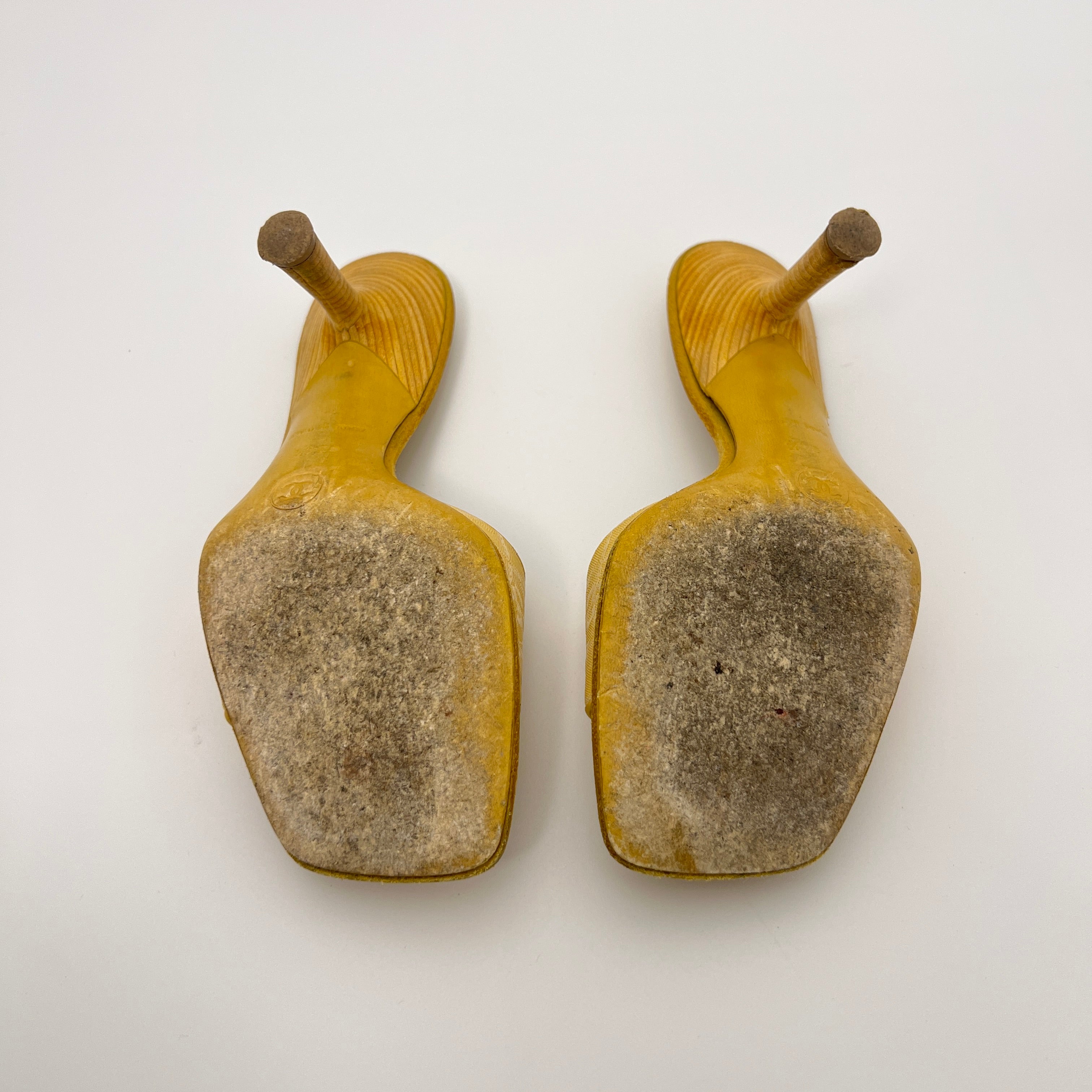 Chanel | Vintage Yellow Canvas CC Logo Black Button Mules (34.5)