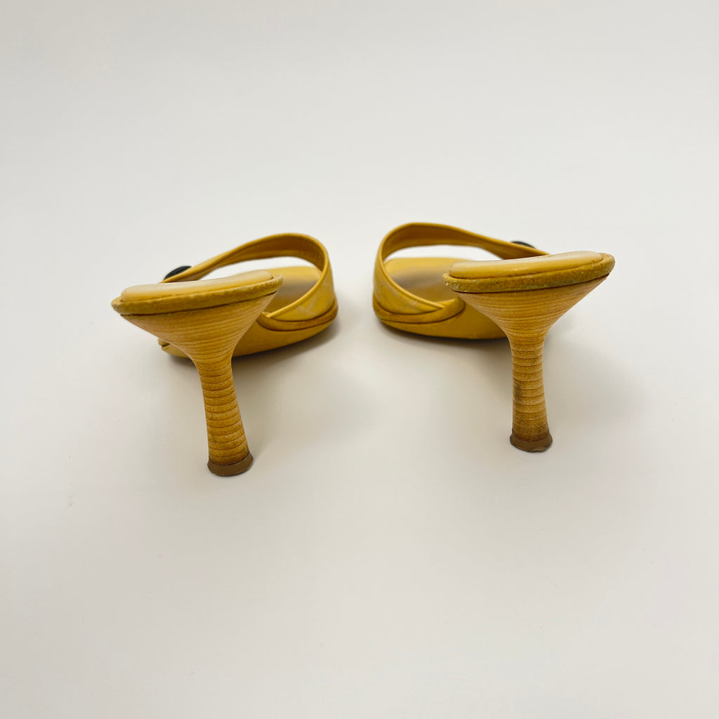 Chanel | Vintage Yellow Canvas CC Logo Black Button Mules (34.5)