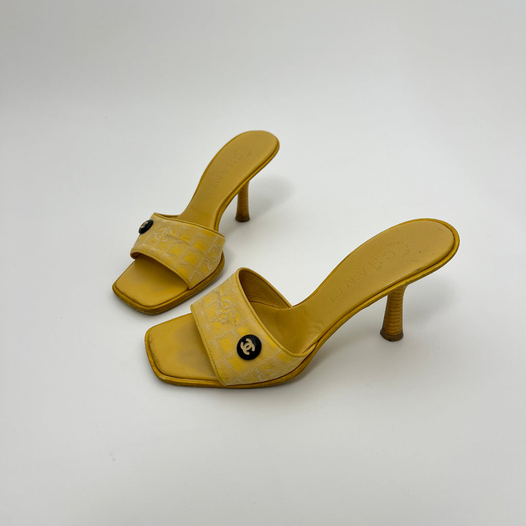 Chanel | Vintage Yellow Canvas CC Logo Black Button Mules (34.5)