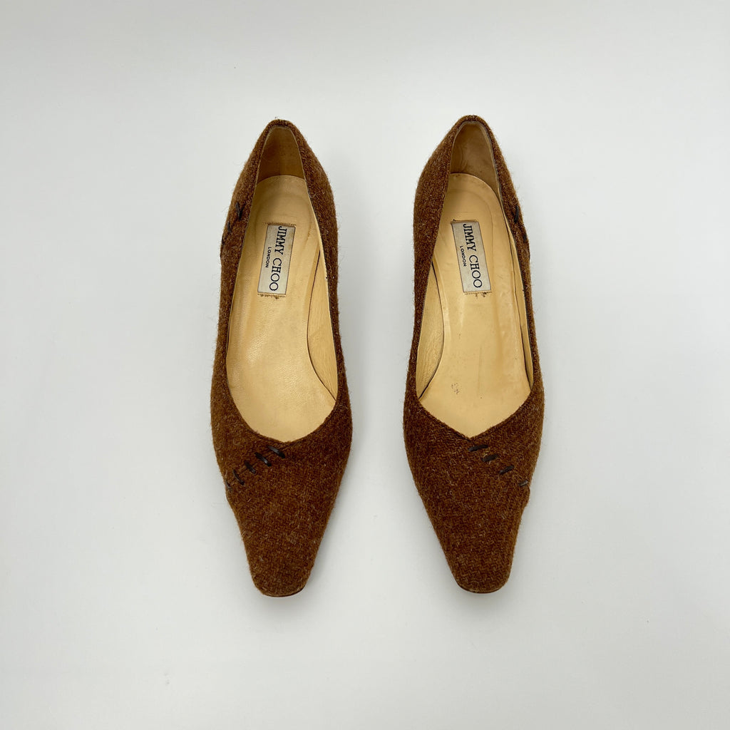 Jimmy Choo | Brown Tweed Leather Stitching Pointed Toe Kitten Heel Pumps (39.5)