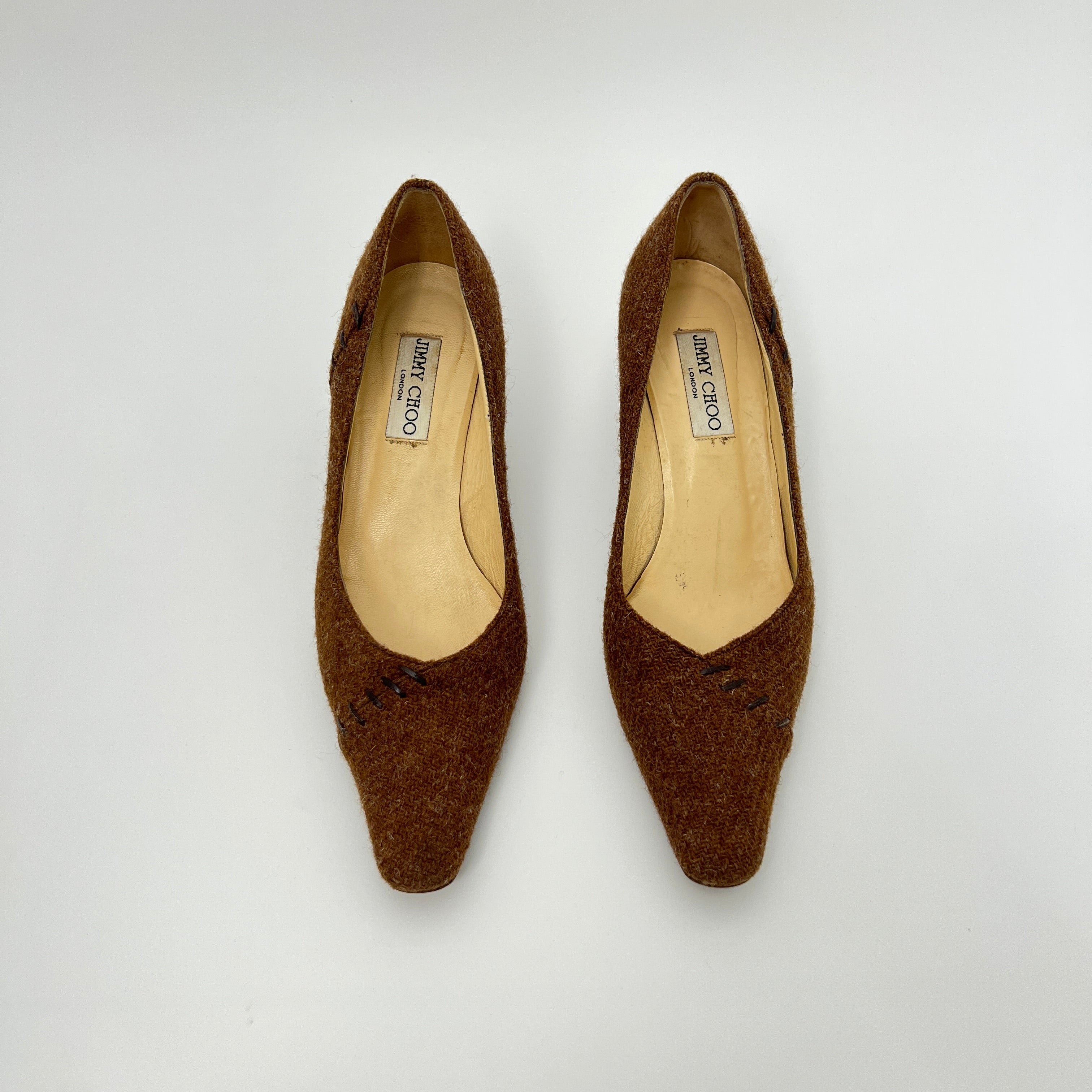 Jimmy Choo | Brown Tweed Leather Stitching Pointed Toe Kitten Heel Pumps (39.5)