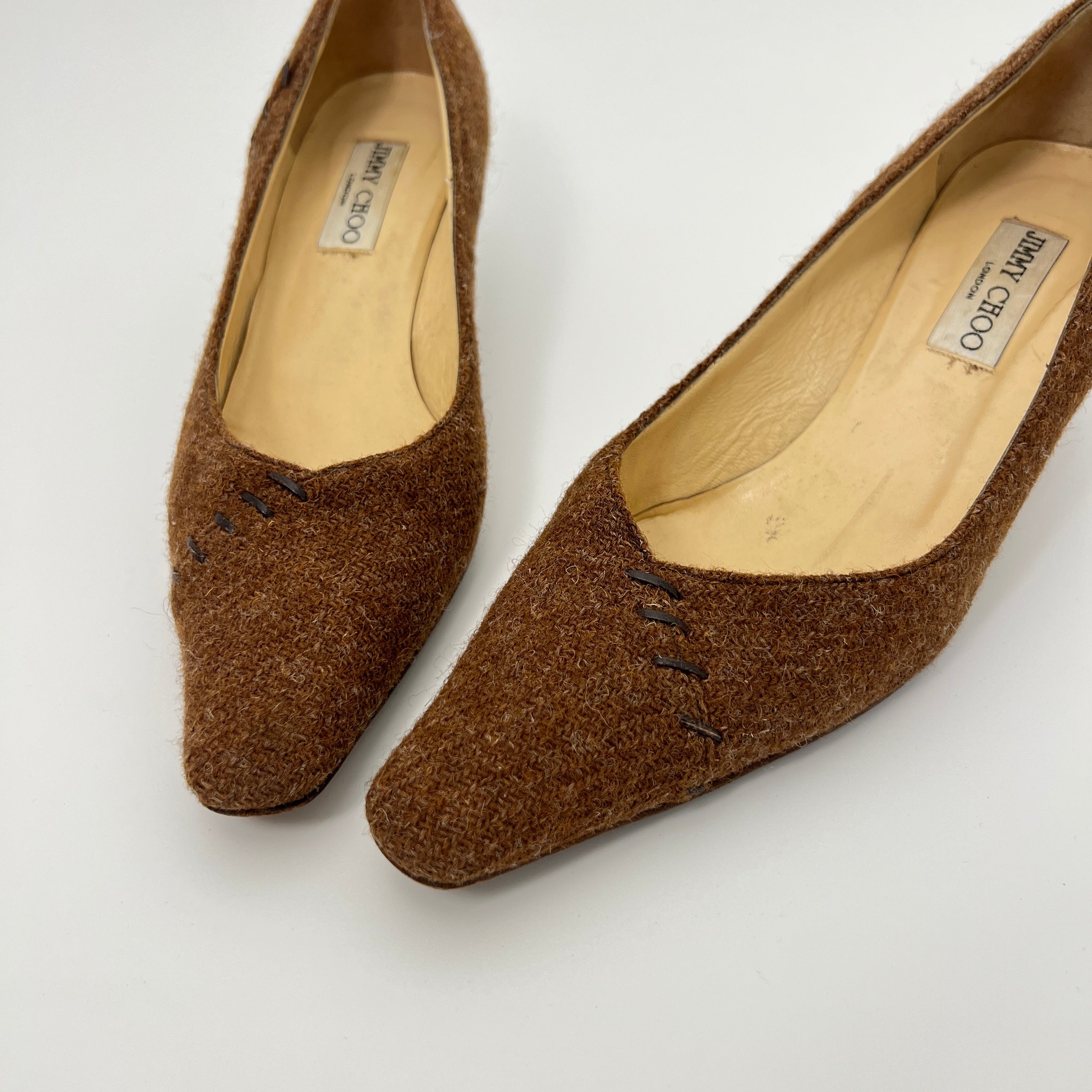 Jimmy Choo | Brown Tweed Leather Stitching Pointed Toe Kitten Heel Pumps (39.5)