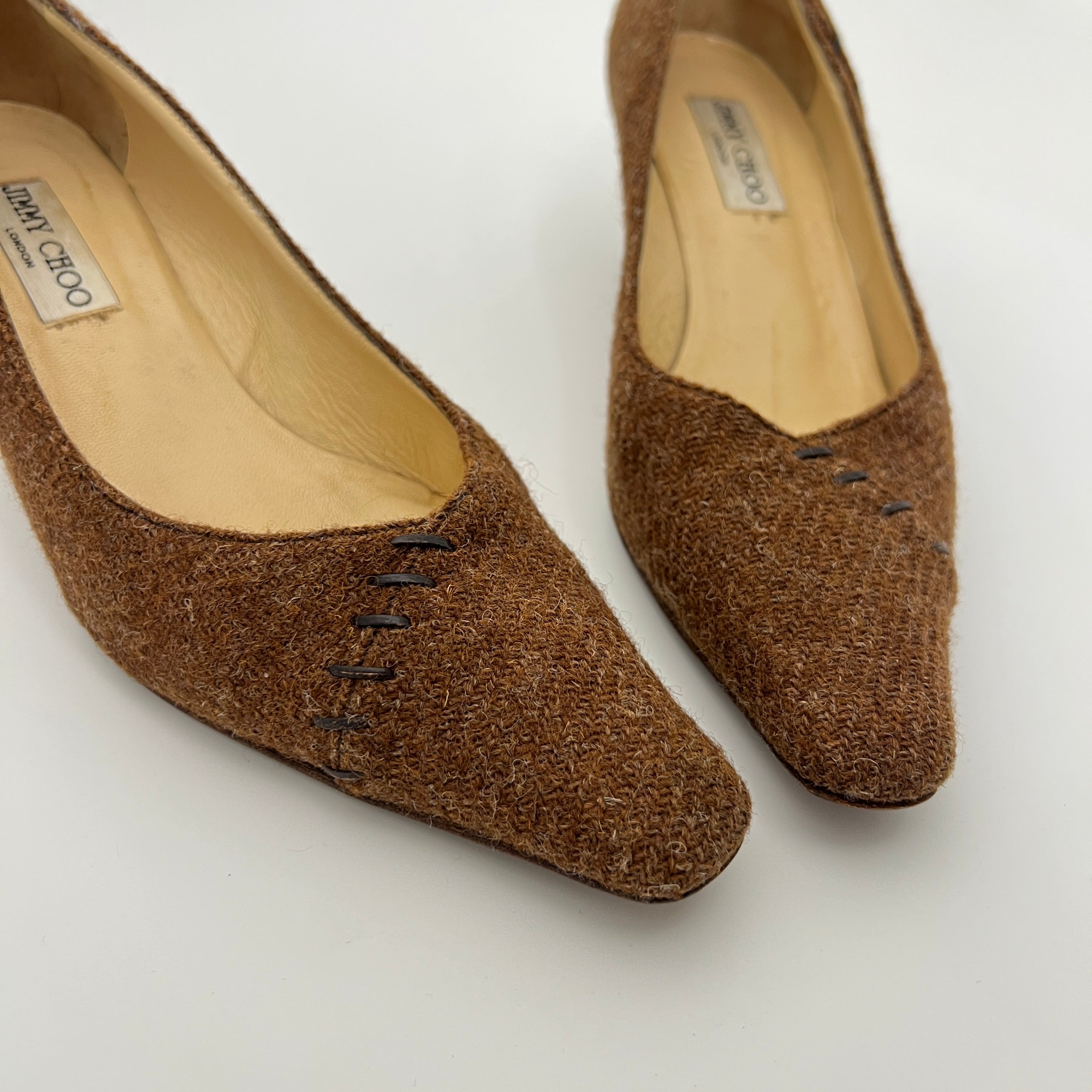 Jimmy Choo | Brown Tweed Leather Stitching Pointed Toe Kitten Heel Pumps (39.5)