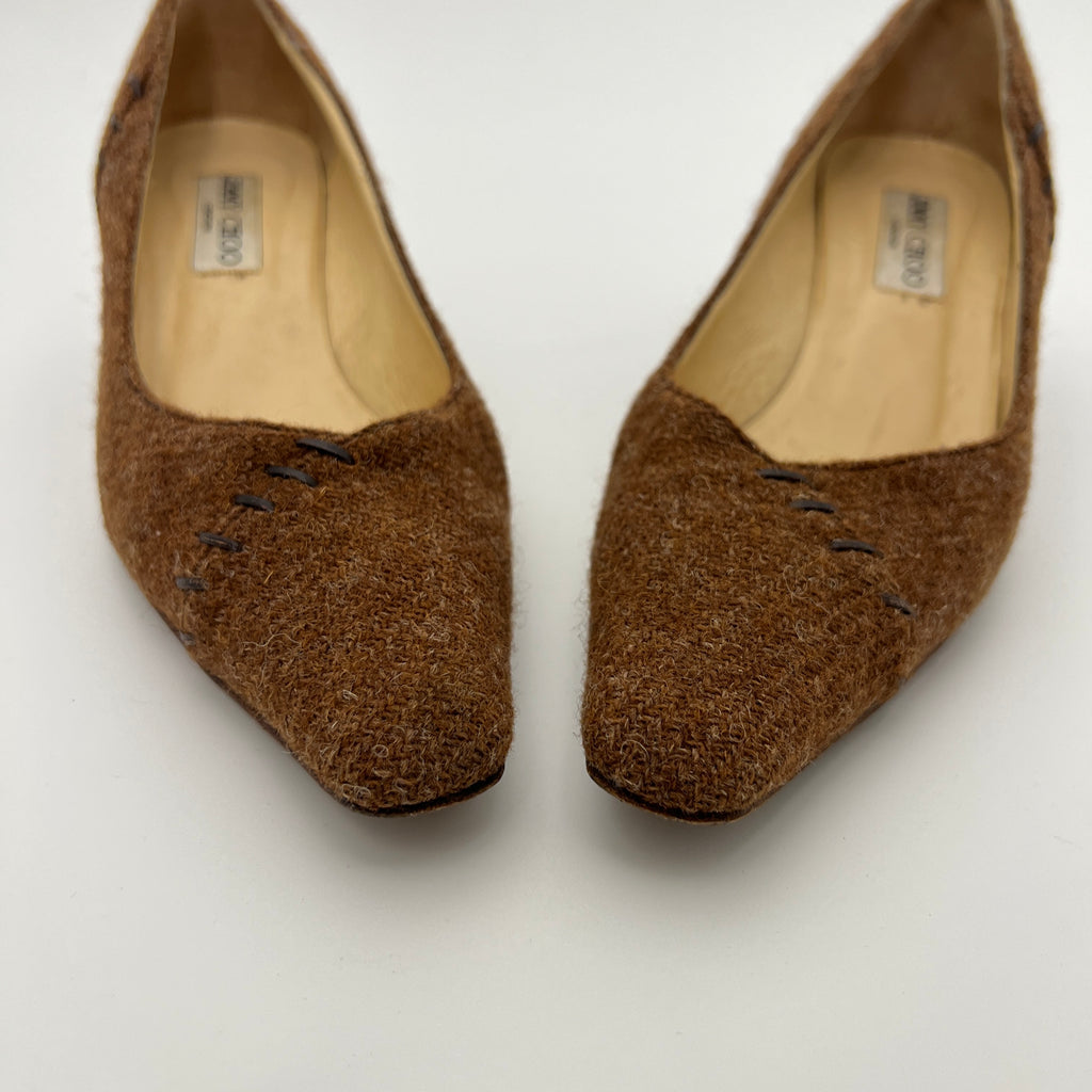Jimmy Choo | Brown Tweed Leather Stitching Pointed Toe Kitten Heel Pumps (39.5)