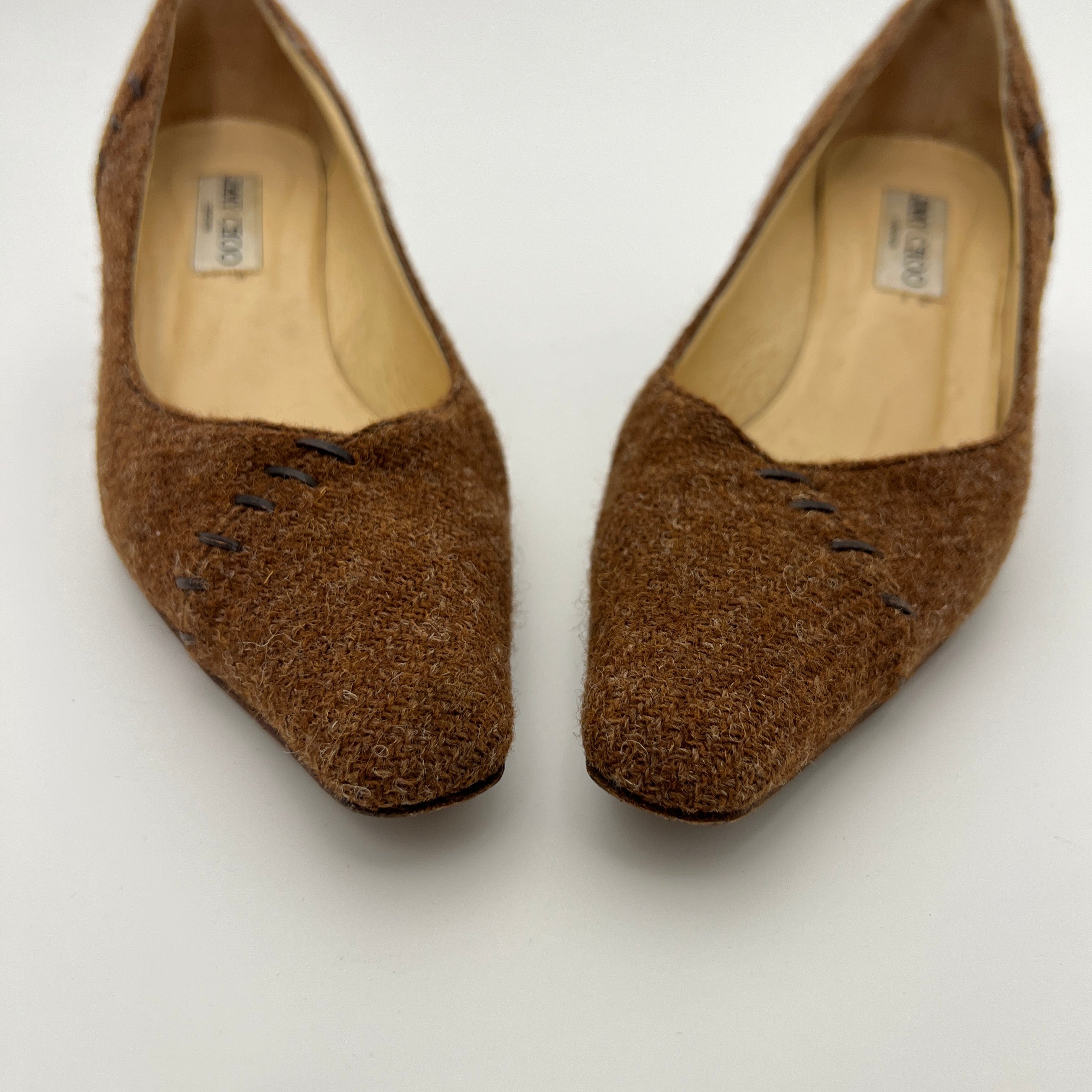 Jimmy Choo | Brown Tweed Leather Stitching Pointed Toe Kitten Heel Pumps (39.5)