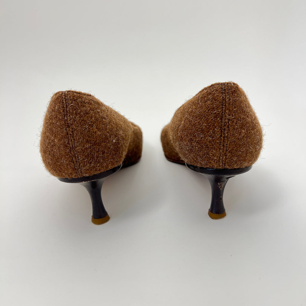 Jimmy Choo | Brown Tweed Leather Stitching Pointed Toe Kitten Heel Pumps (39.5)