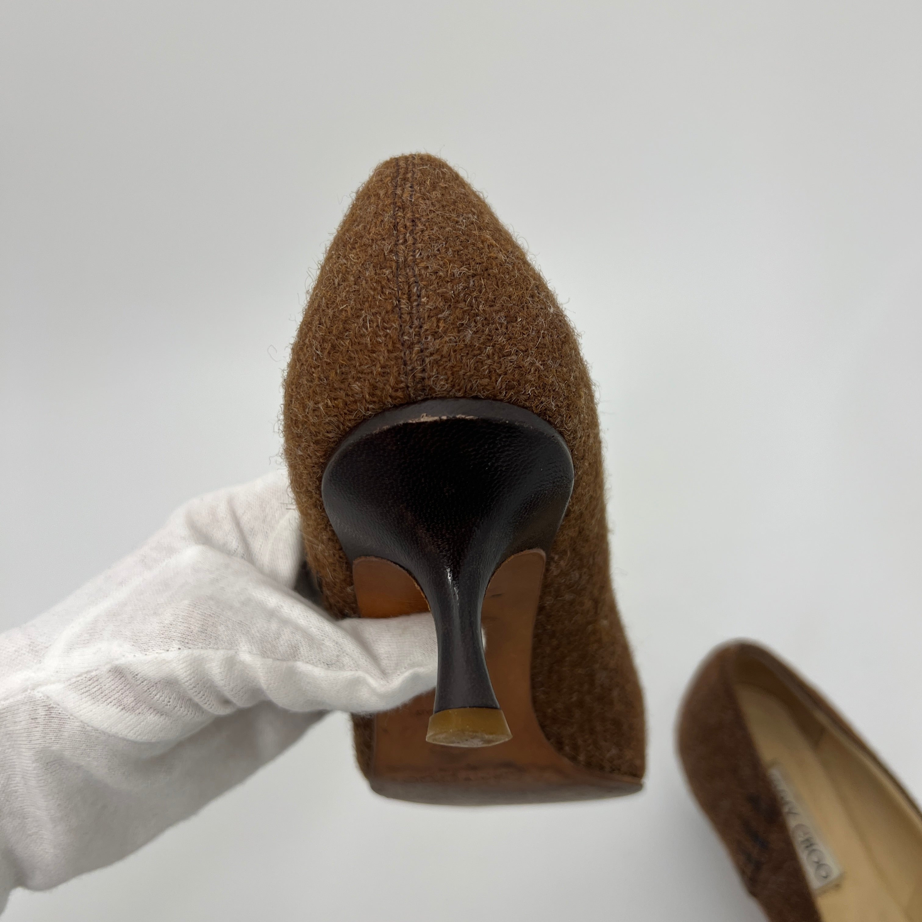 Jimmy Choo | Brown Tweed Leather Stitching Pointed Toe Kitten Heel Pumps (39.5)