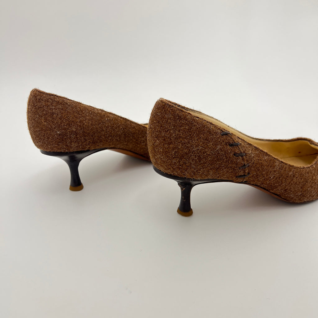 Jimmy Choo | Brown Tweed Leather Stitching Pointed Toe Kitten Heel Pumps (39.5)