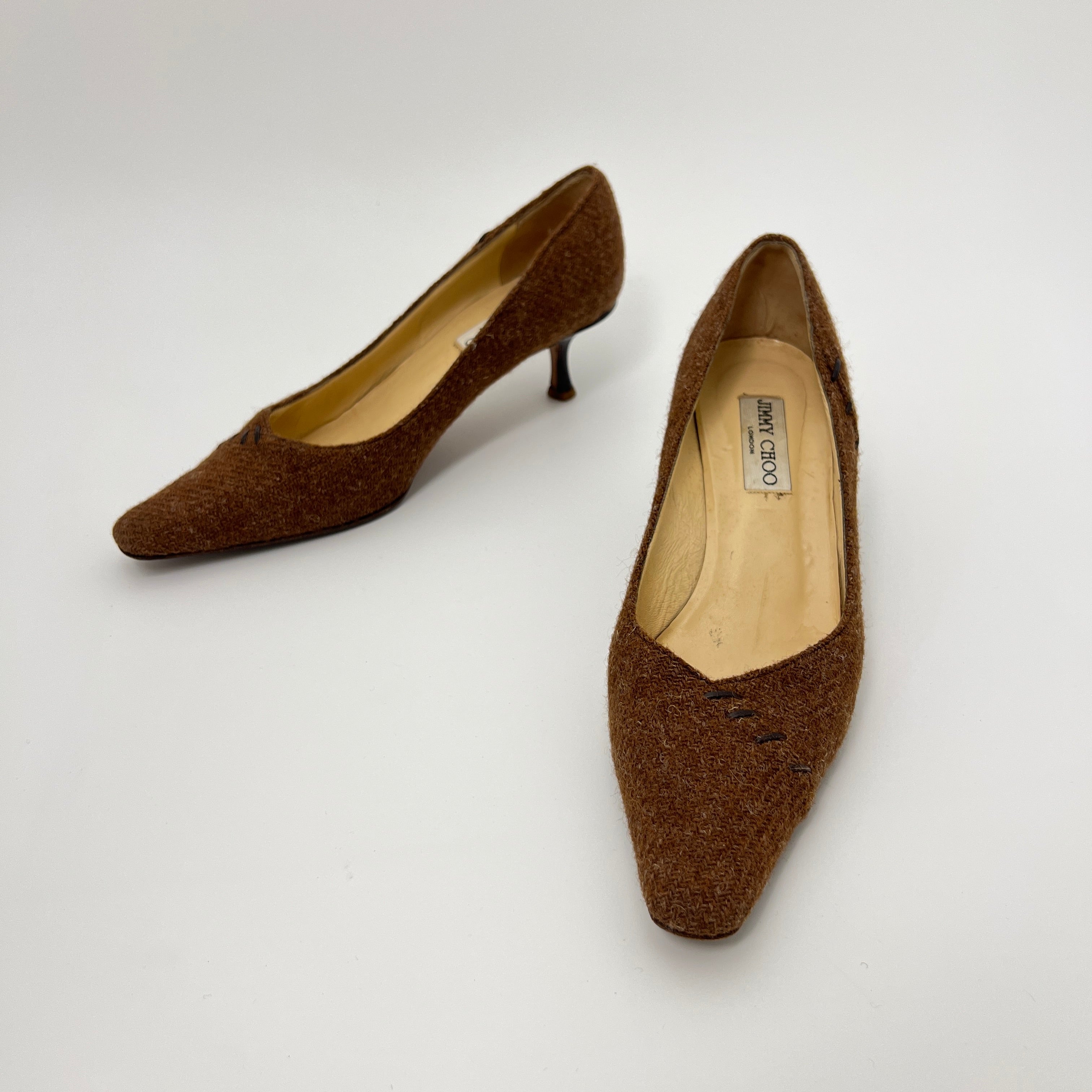 Jimmy Choo | Brown Tweed Leather Stitching Pointed Toe Kitten Heel Pumps (39.5)