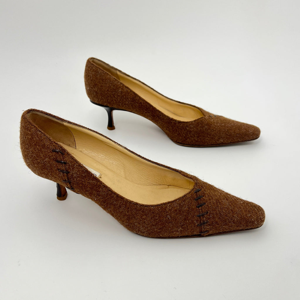Jimmy Choo | Brown Tweed Leather Stitching Pointed Toe Kitten Heel Pumps (39.5)