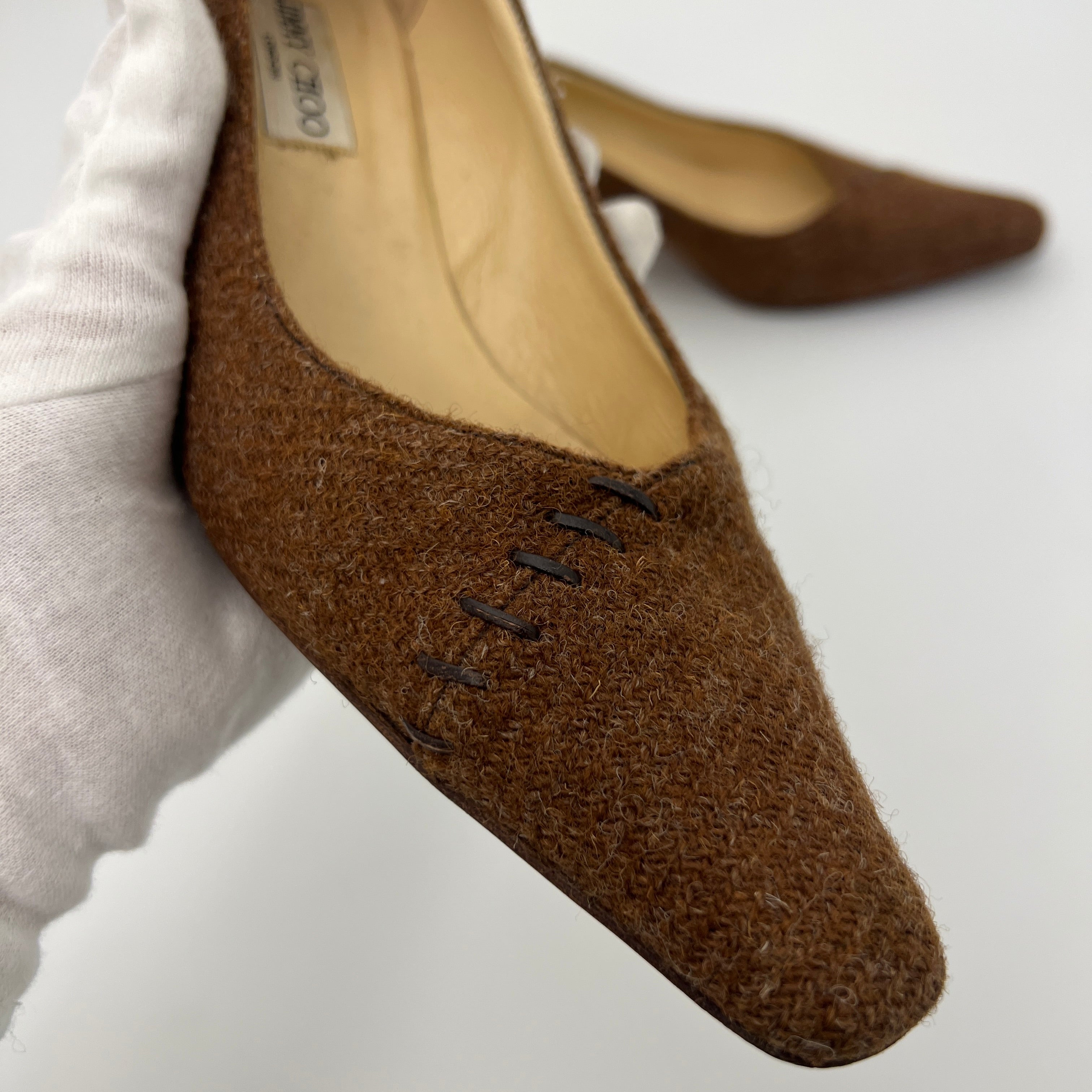 Jimmy Choo | Brown Tweed Leather Stitching Pointed Toe Kitten Heel Pumps (39.5)
