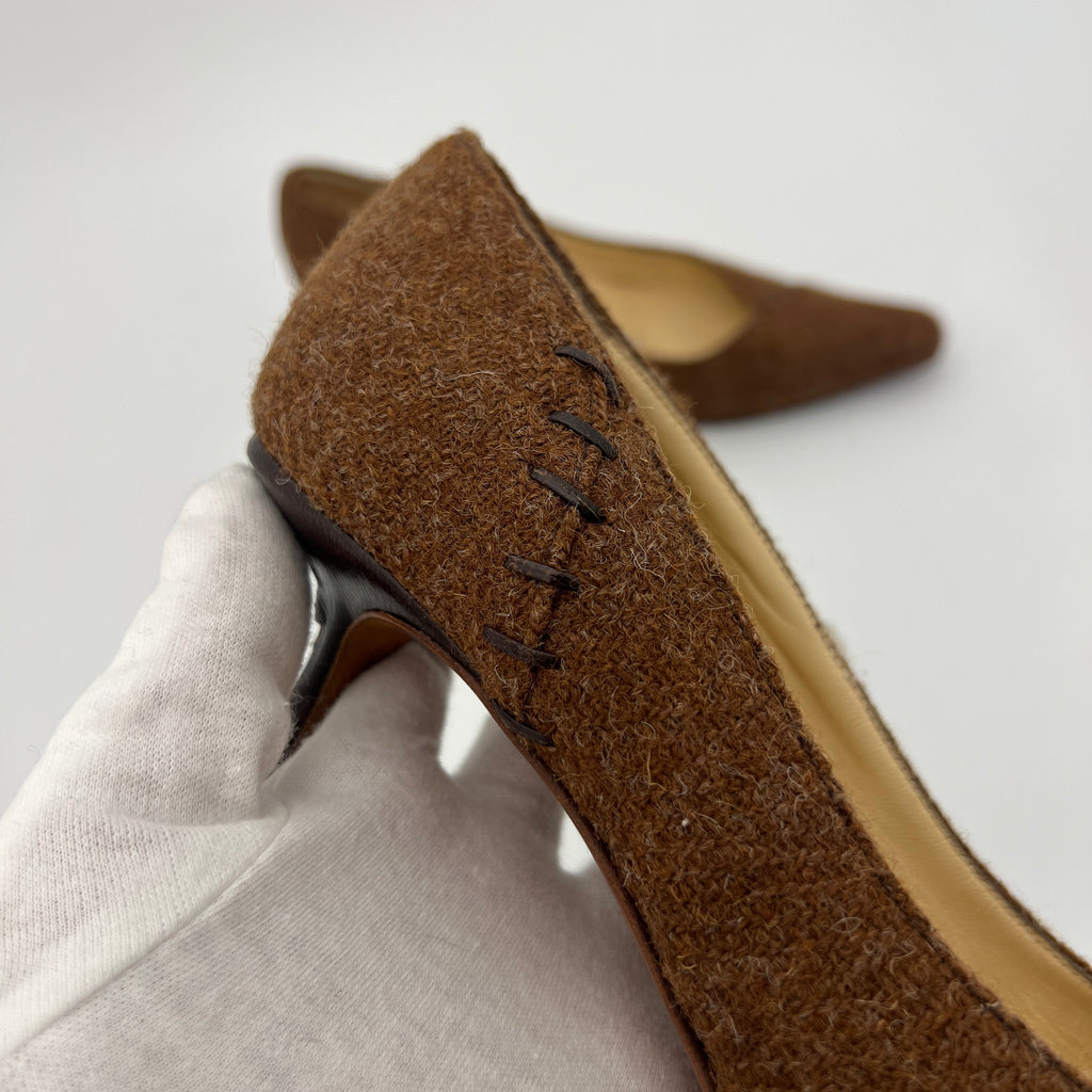 Jimmy Choo | Brown Tweed Leather Stitching Pointed Toe Kitten Heel Pumps (39.5)