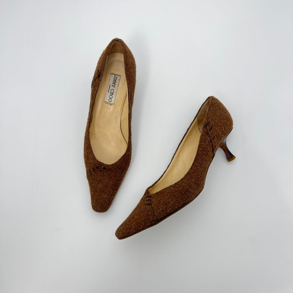 Jimmy Choo | Brown Tweed Leather Stitching Pointed Toe Kitten Heel Pumps (39.5)