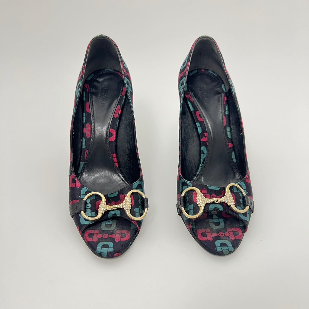 Gucci | GG Monogram Horse Bit Black Pink Blue Rhinestone Peep Toe Pumps (38.5)