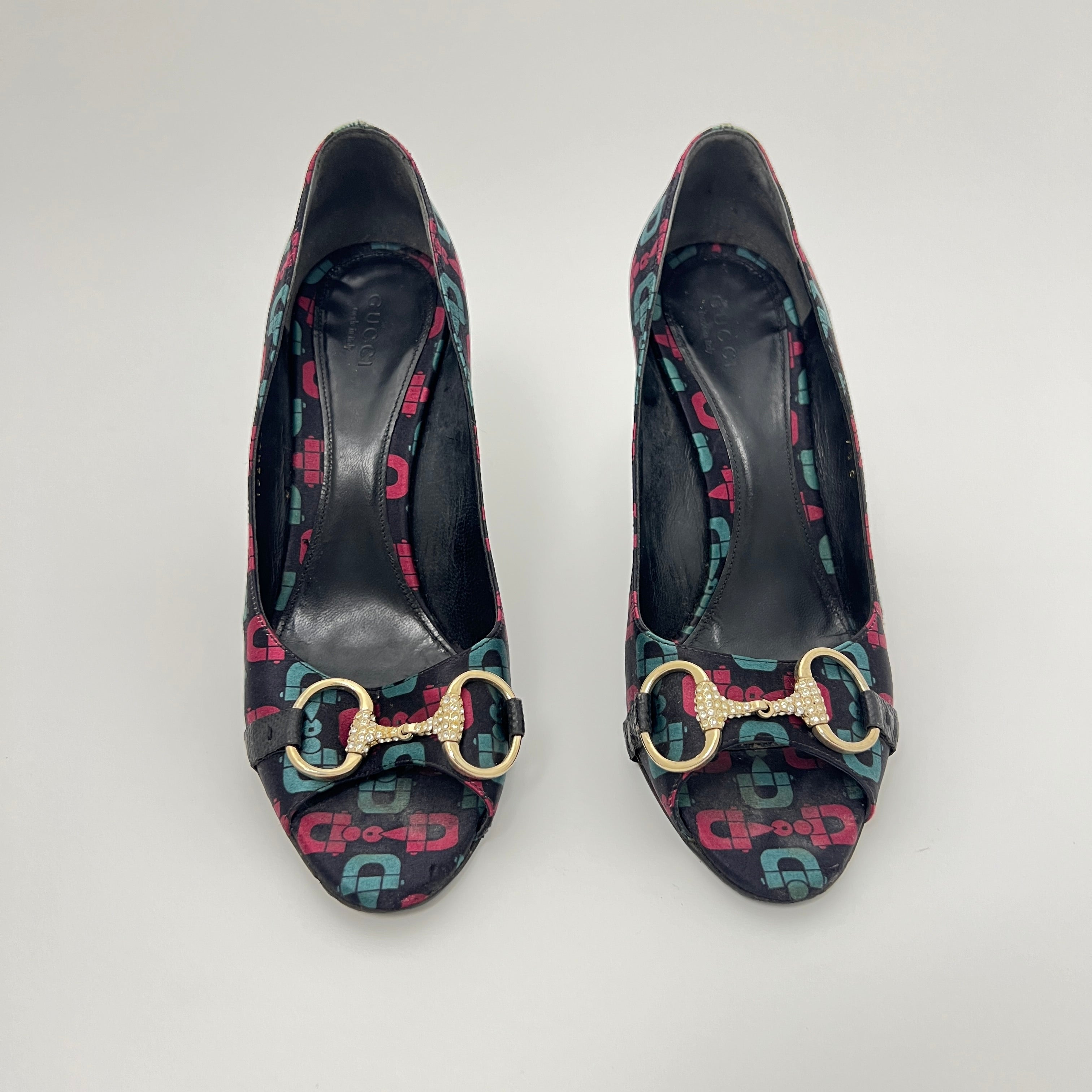 Gucci | GG Monogram Horse Bit Black Pink Blue Rhinestone Peep Toe Pumps (38.5)