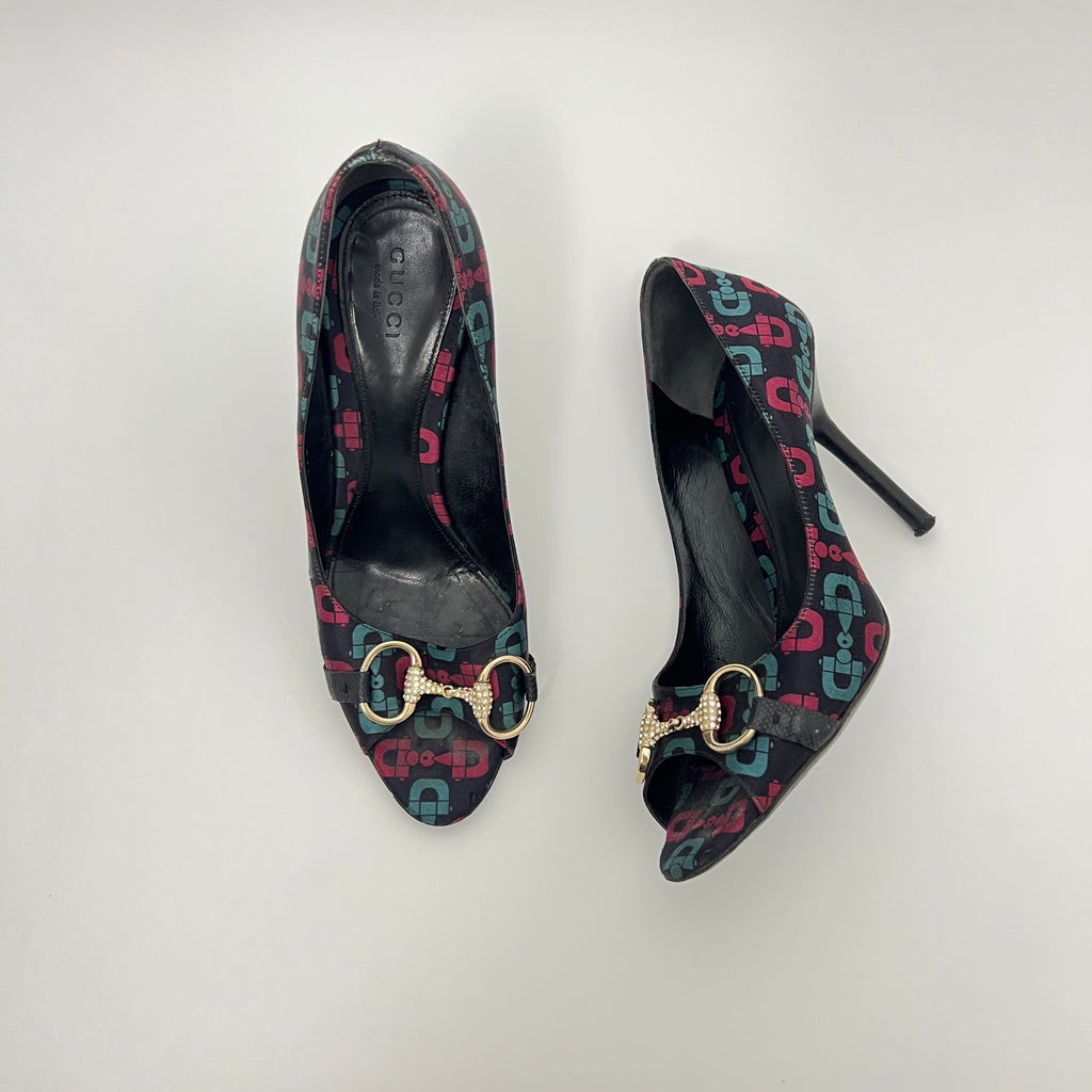 Gucci | GG Monogram Horse Bit Black Pink Blue Rhinestone Peep Toe Pumps (38.5)