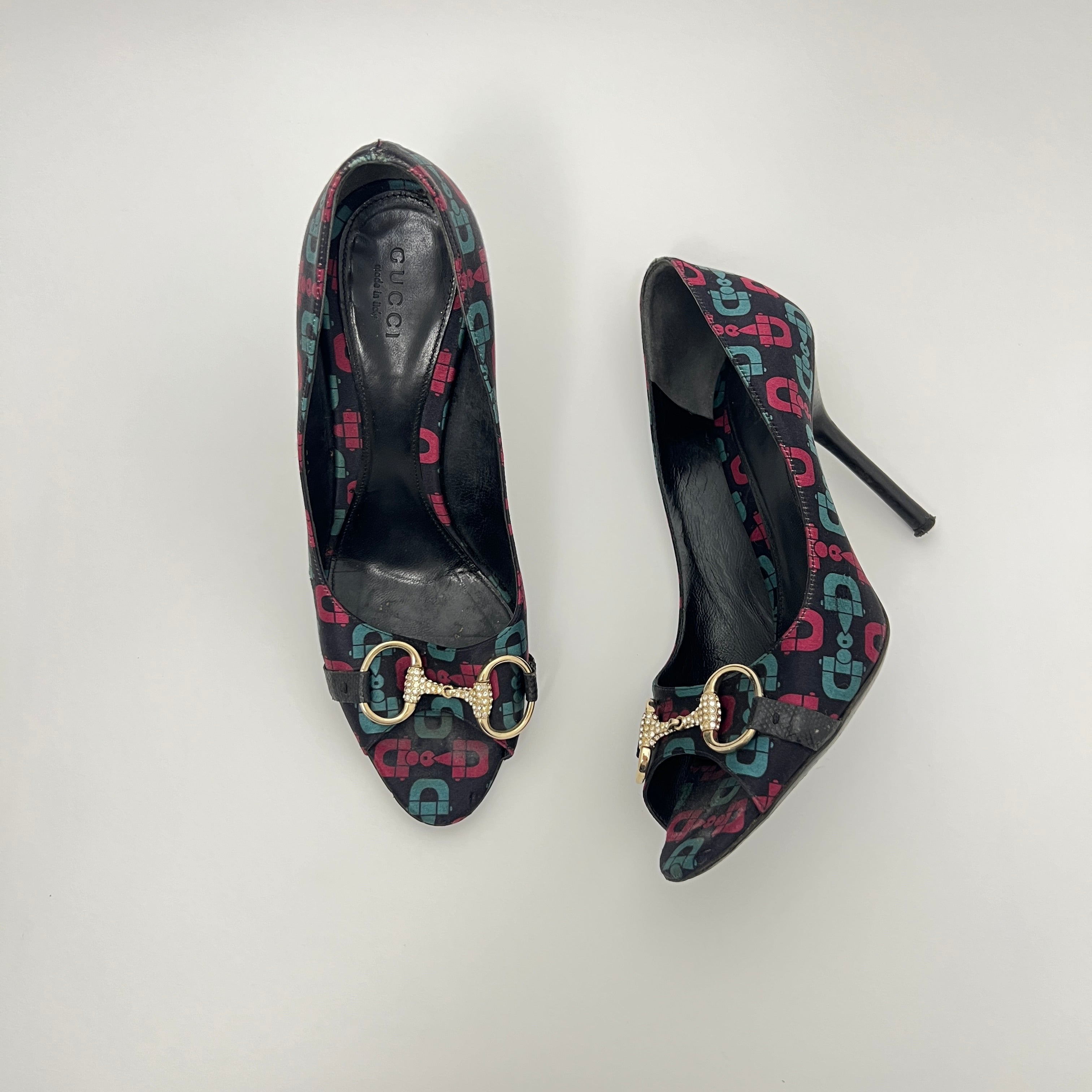 Gucci | GG Monogram Horse Bit Black Pink Blue Rhinestone Peep Toe Pumps (38.5)