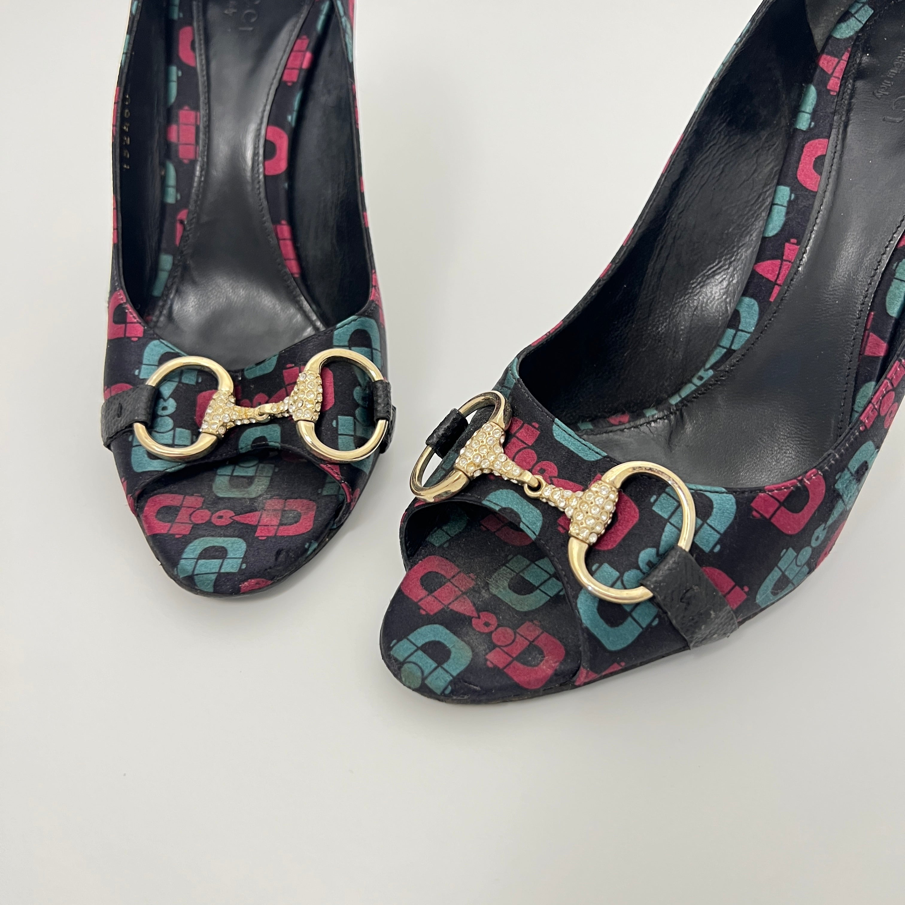 Gucci | GG Monogram Horse Bit Black Pink Blue Rhinestone Peep Toe Pumps (38.5)