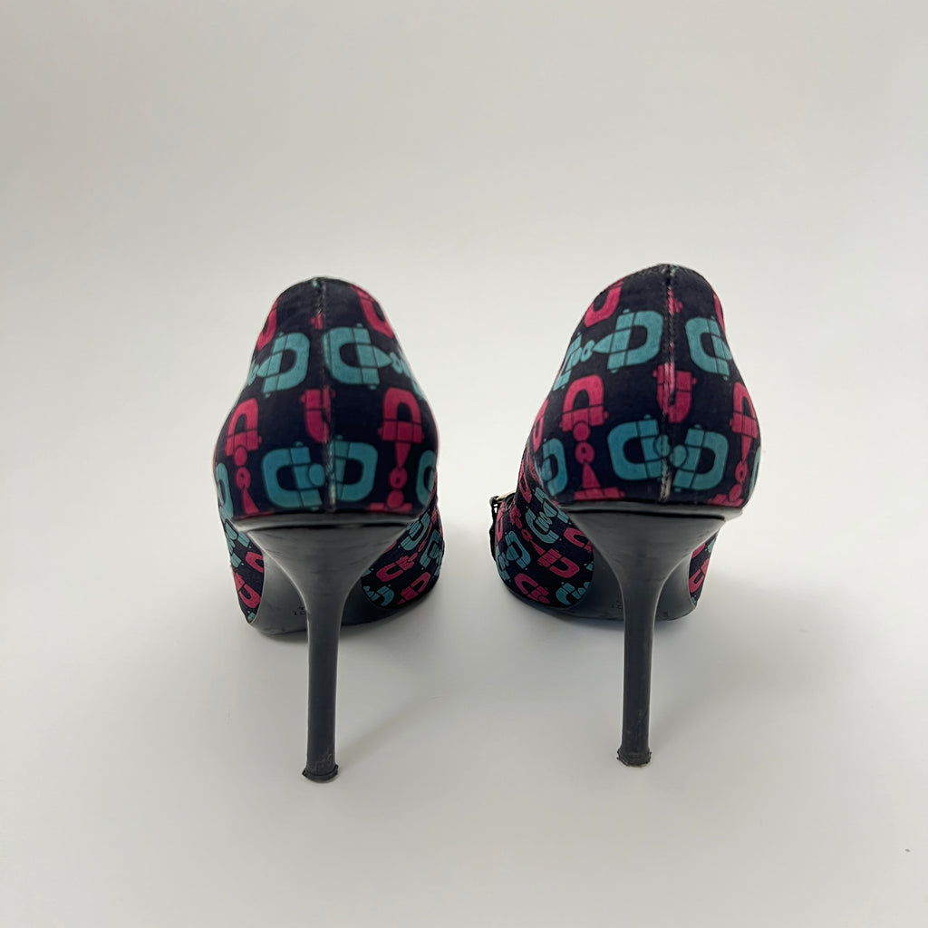 Gucci | GG Monogram Horse Bit Black Pink Blue Rhinestone Peep Toe Pumps (38.5)
