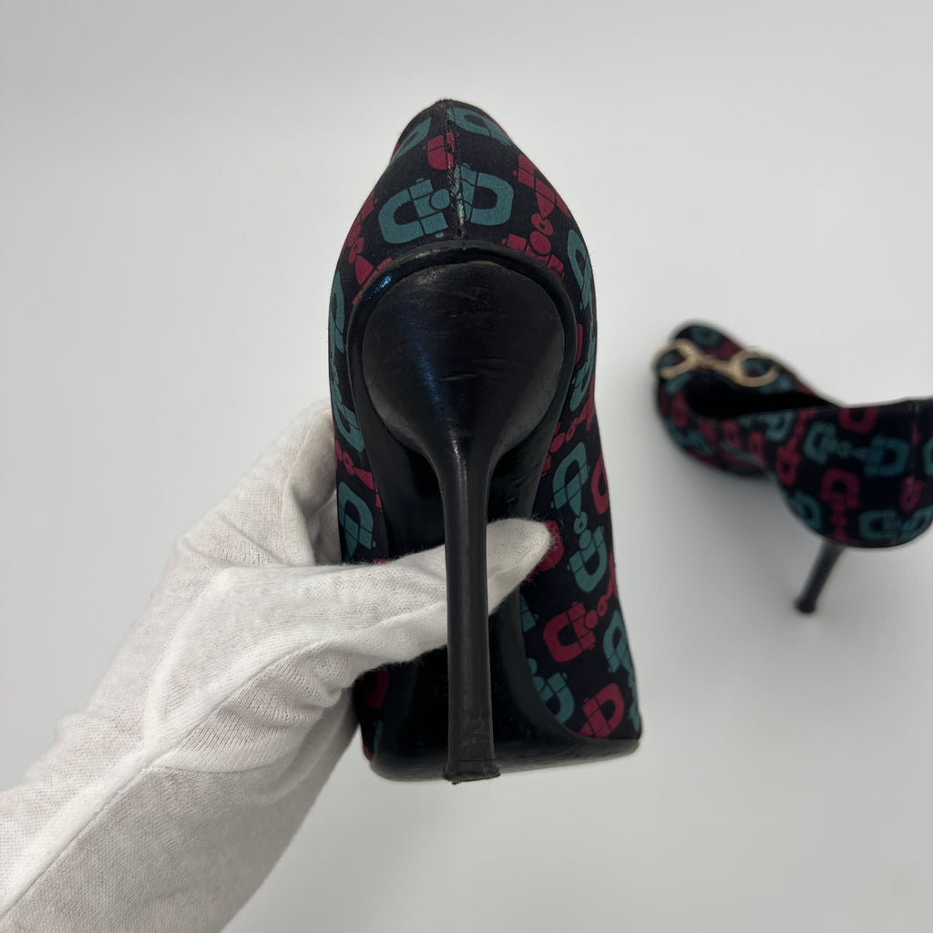 Gucci | GG Monogram Horse Bit Black Pink Blue Rhinestone Peep Toe Pumps (38.5)