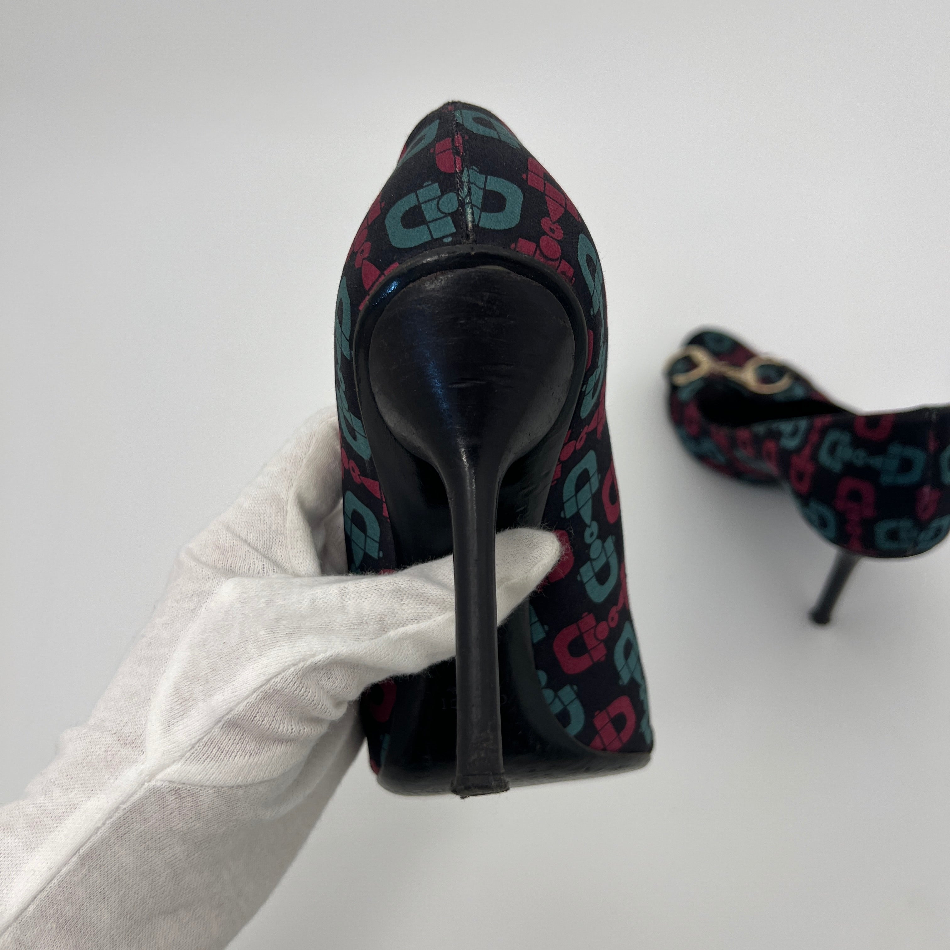 Gucci | GG Monogram Horse Bit Black Pink Blue Rhinestone Peep Toe Pumps (38.5)