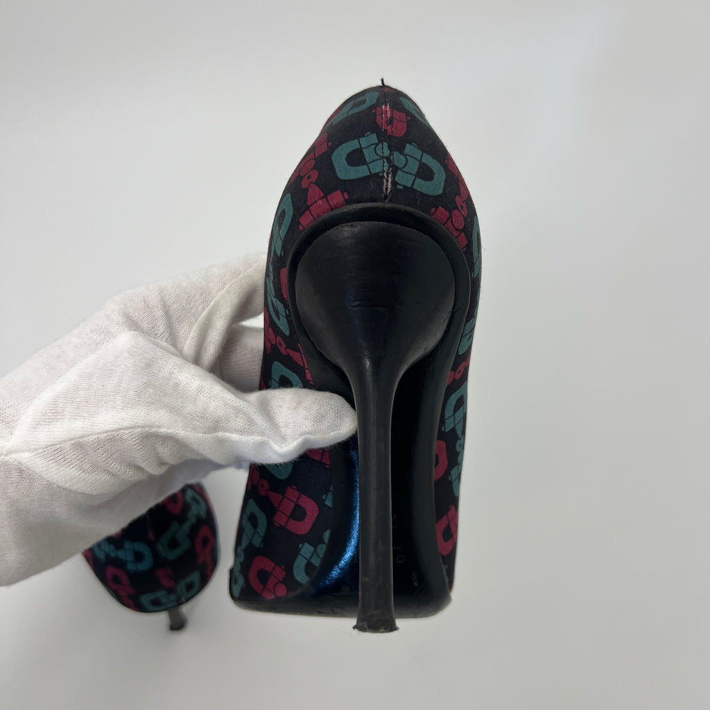 Gucci | GG Monogram Horse Bit Black Pink Blue Rhinestone Peep Toe Pumps (38.5)