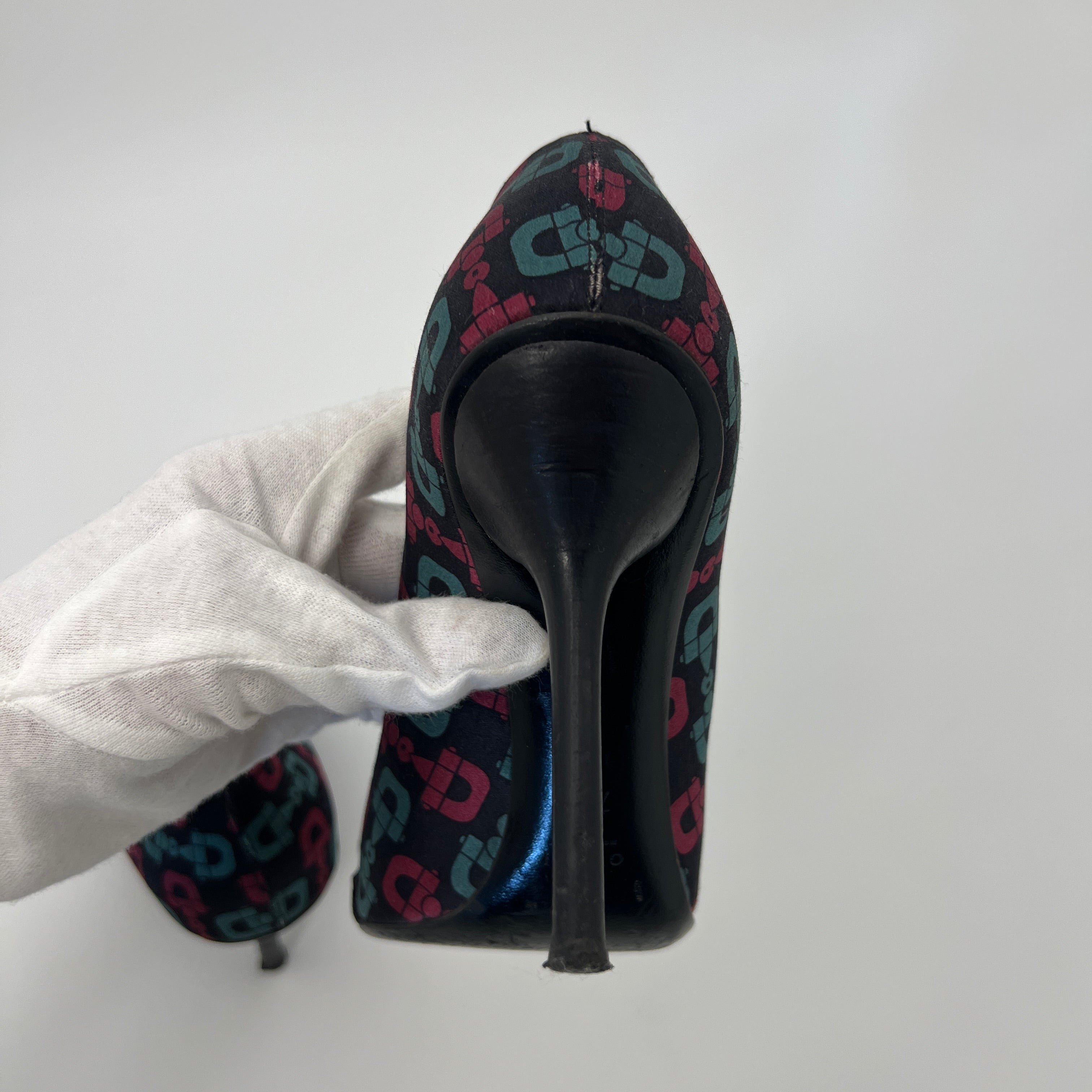 Gucci | GG Monogram Horse Bit Black Pink Blue Rhinestone Peep Toe Pumps (38.5)