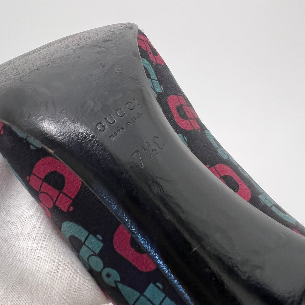 Gucci | GG Monogram Horse Bit Black Pink Blue Rhinestone Peep Toe Pumps (38.5)