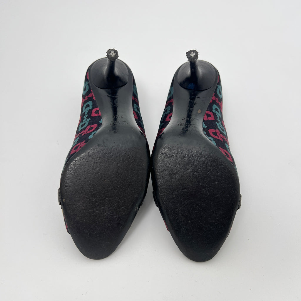 Gucci | GG Monogram Horse Bit Black Pink Blue Rhinestone Peep Toe Pumps (38.5)