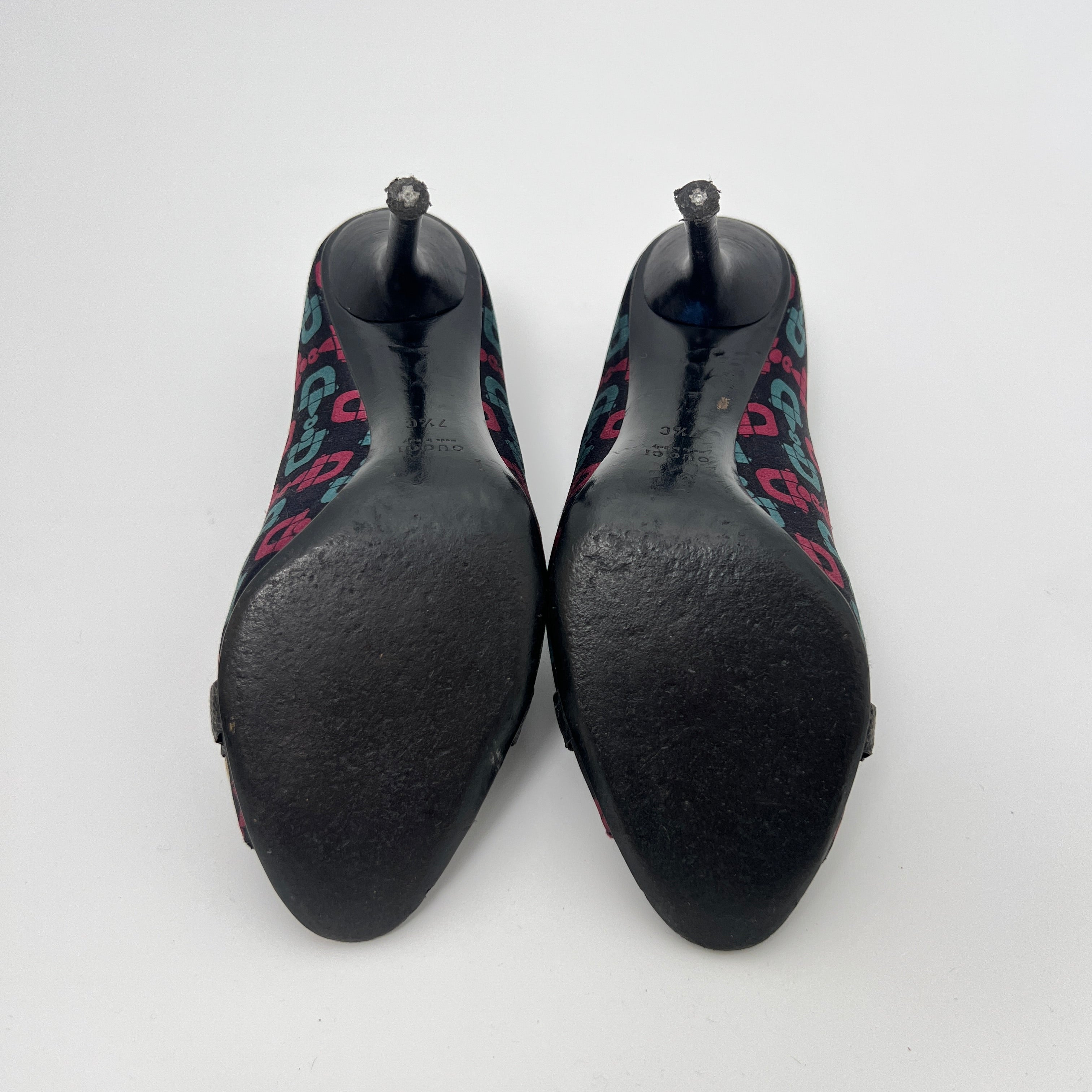 Gucci | GG Monogram Horse Bit Black Pink Blue Rhinestone Peep Toe Pumps (38.5)