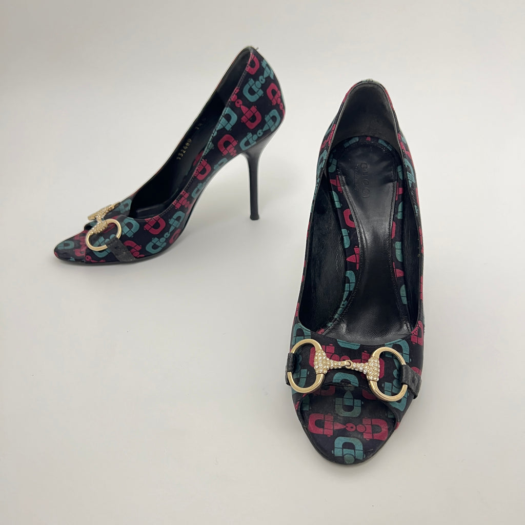 Gucci | GG Monogram Horse Bit Black Pink Blue Rhinestone Peep Toe Pumps (38.5)