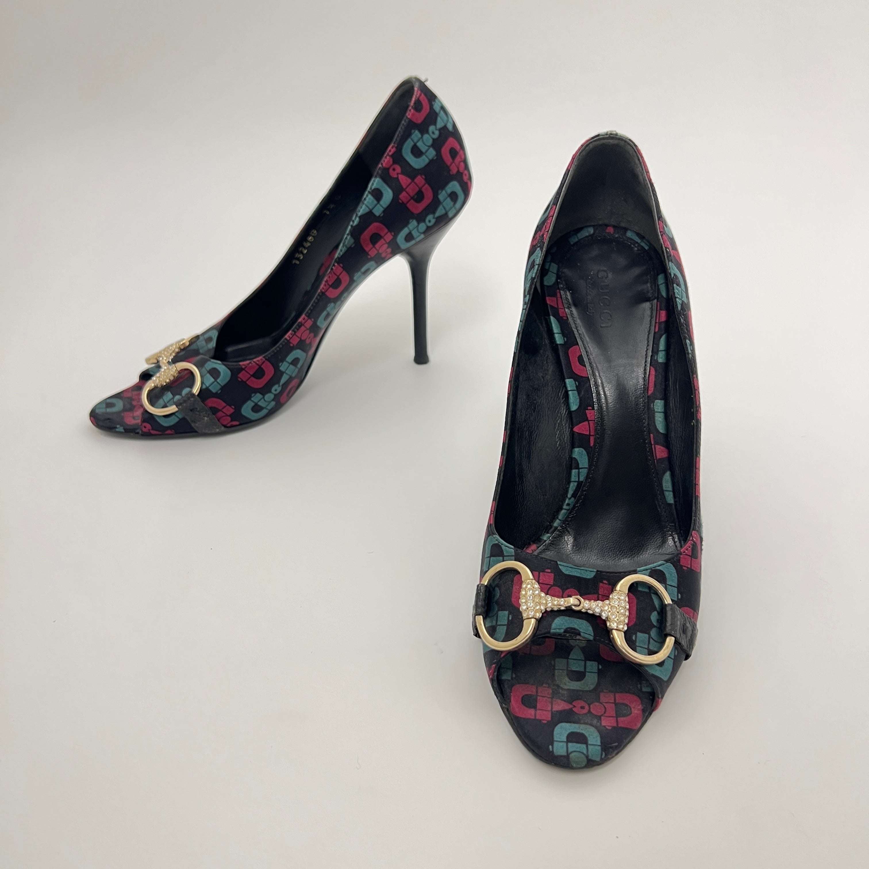 Gucci | GG Monogram Horse Bit Black Pink Blue Rhinestone Peep Toe Pumps (38.5)