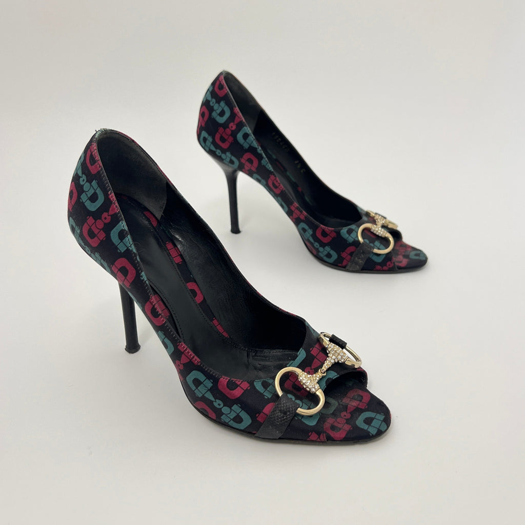 Gucci | GG Monogram Horse Bit Black Pink Blue Rhinestone Peep Toe Pumps (38.5)