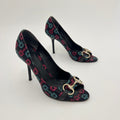 Gucci | GG Monogram Horse Bit Black Pink Blue Rhinestone Peep Toe Pumps (38.5)