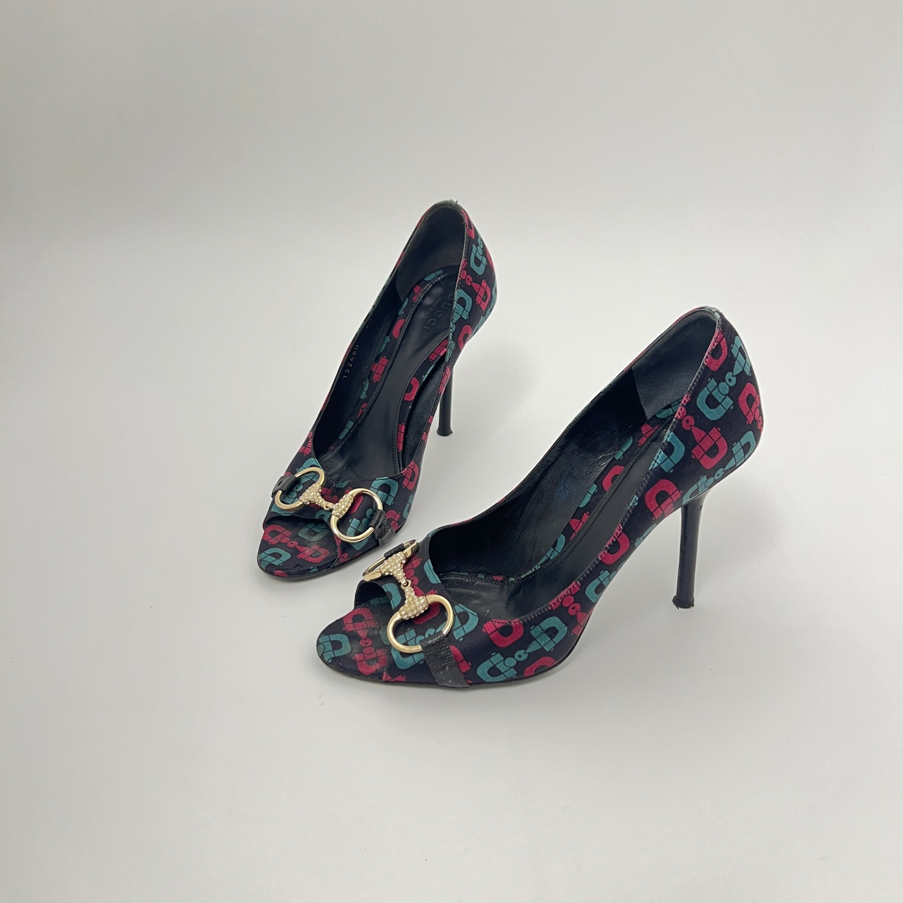 Gucci | GG Monogram Horse Bit Black Pink Blue Rhinestone Peep Toe Pumps (38.5)