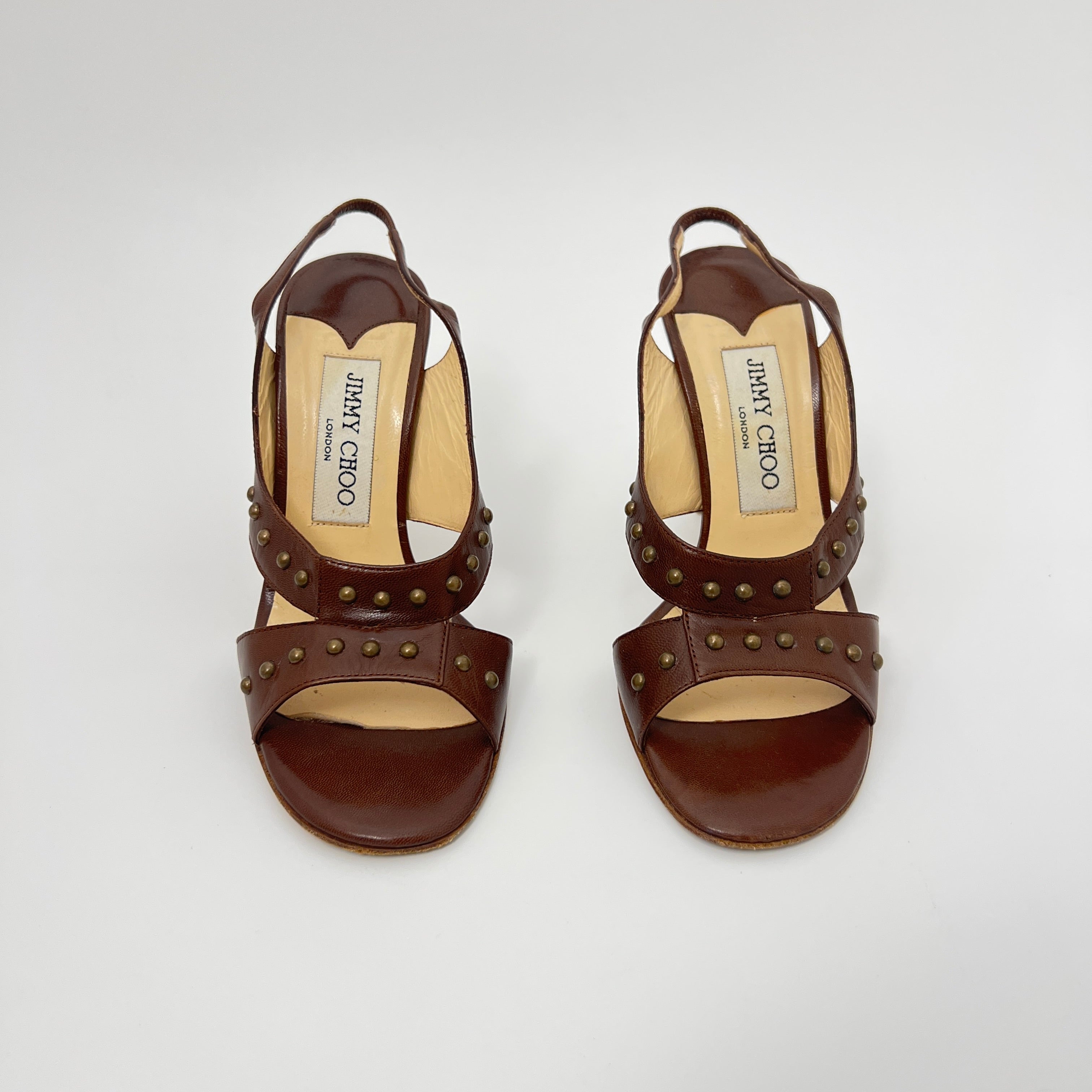 Jimmy Choo | Brown Leather Metal Studs Stitching Slingback Stiletto Heels (35)