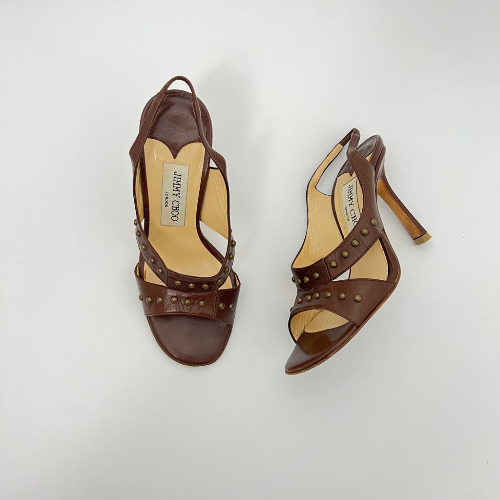 Jimmy Choo | Brown Leather Metal Studs Stitching Slingback Stiletto Heels (35)