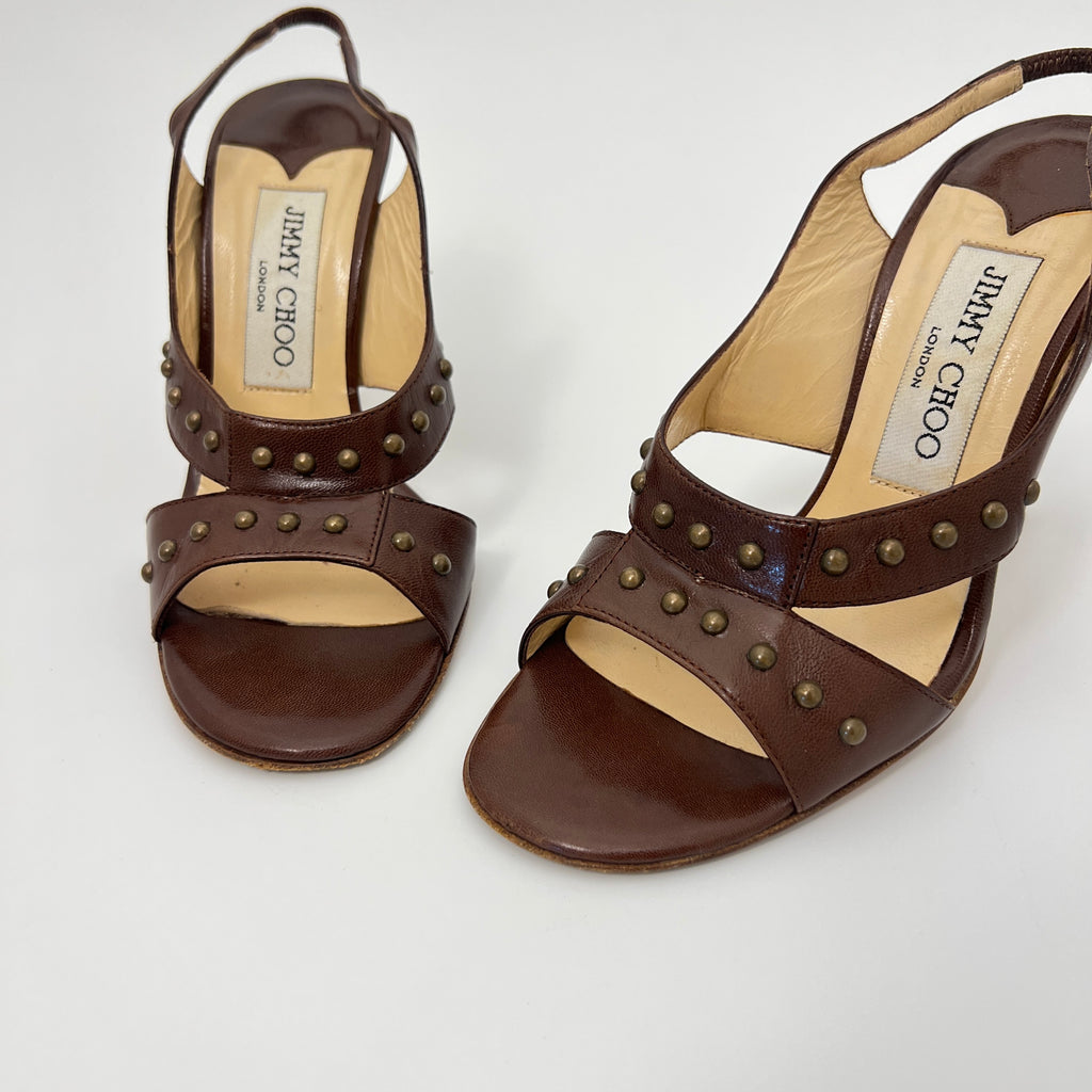 Jimmy Choo | Brown Leather Metal Studs Stitching Slingback Stiletto Heels (35)
