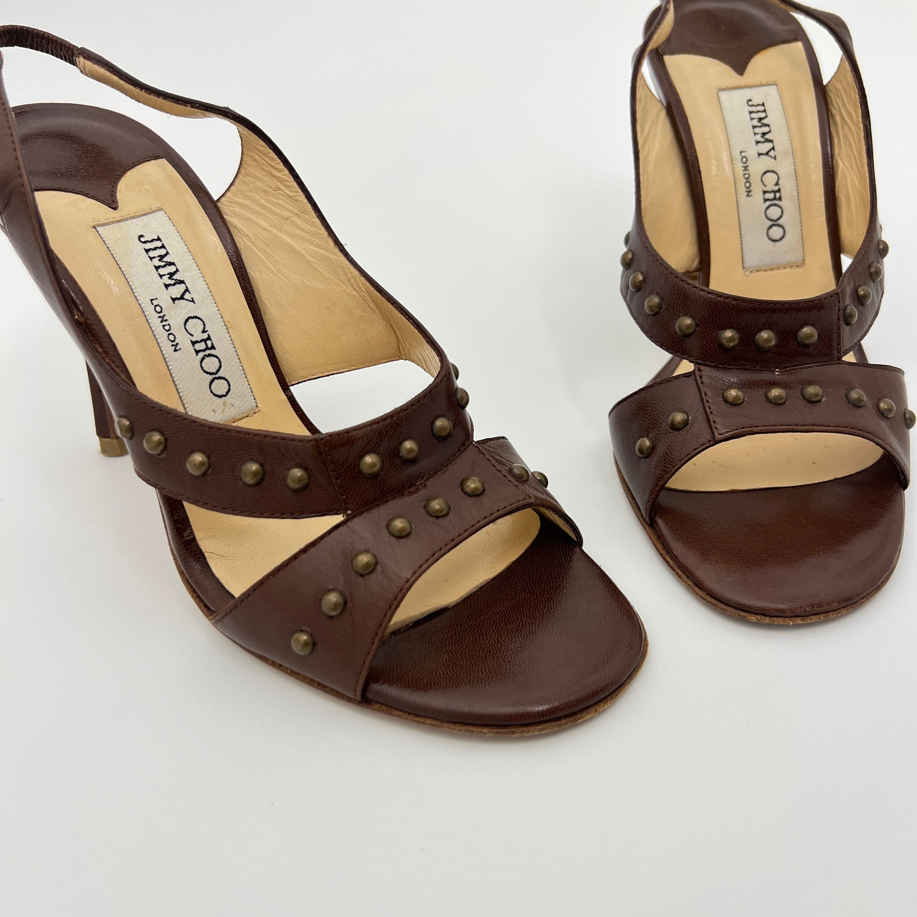 Jimmy Choo | Brown Leather Metal Studs Stitching Slingback Stiletto Heels (35)