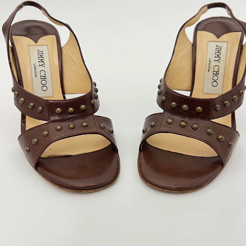 Jimmy Choo | Brown Leather Metal Studs Stitching Slingback Stiletto Heels (35)