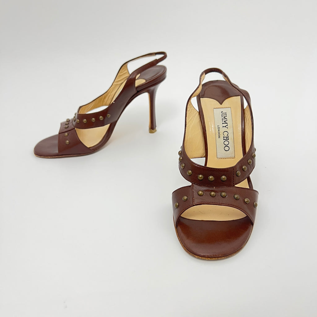 Jimmy Choo | Brown Leather Metal Studs Stitching Slingback Stiletto Heels (35)