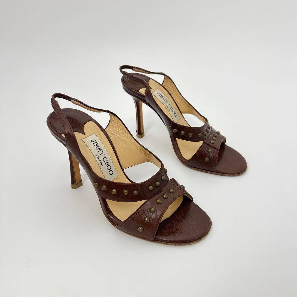 Jimmy Choo | Brown Leather Metal Studs Stitching Slingback Stiletto Heels (35)