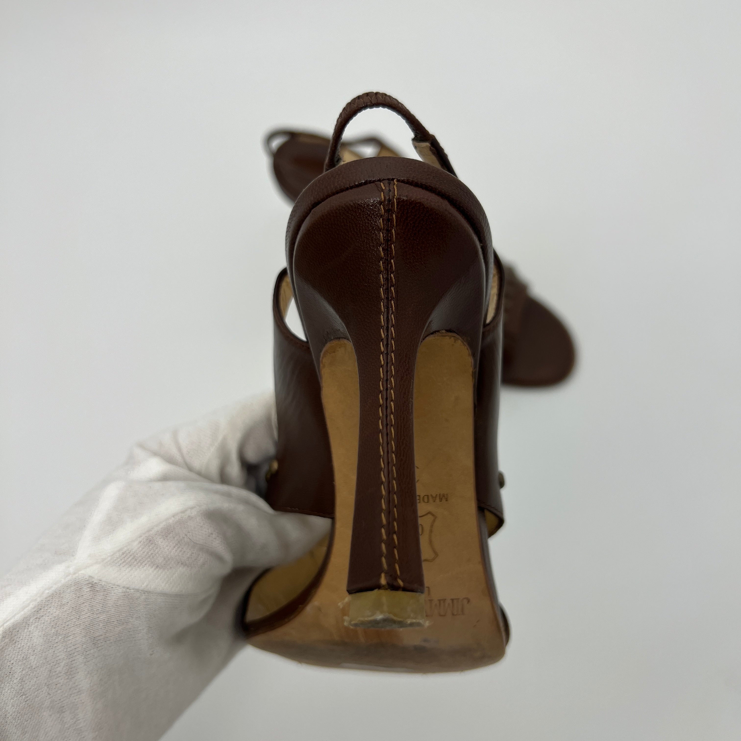 Jimmy Choo | Brown Leather Metal Studs Stitching Slingback Stiletto Heels (35)