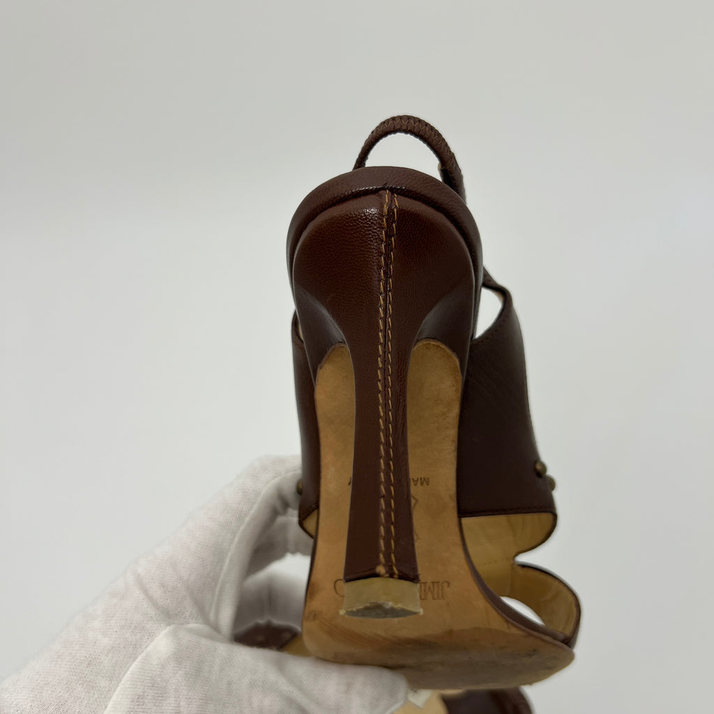 Jimmy Choo | Brown Leather Metal Studs Stitching Slingback Stiletto Heels (35)