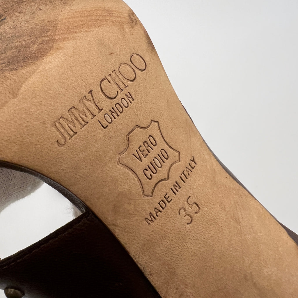 Jimmy Choo | Brown Leather Metal Studs Stitching Slingback Stiletto Heels (35)