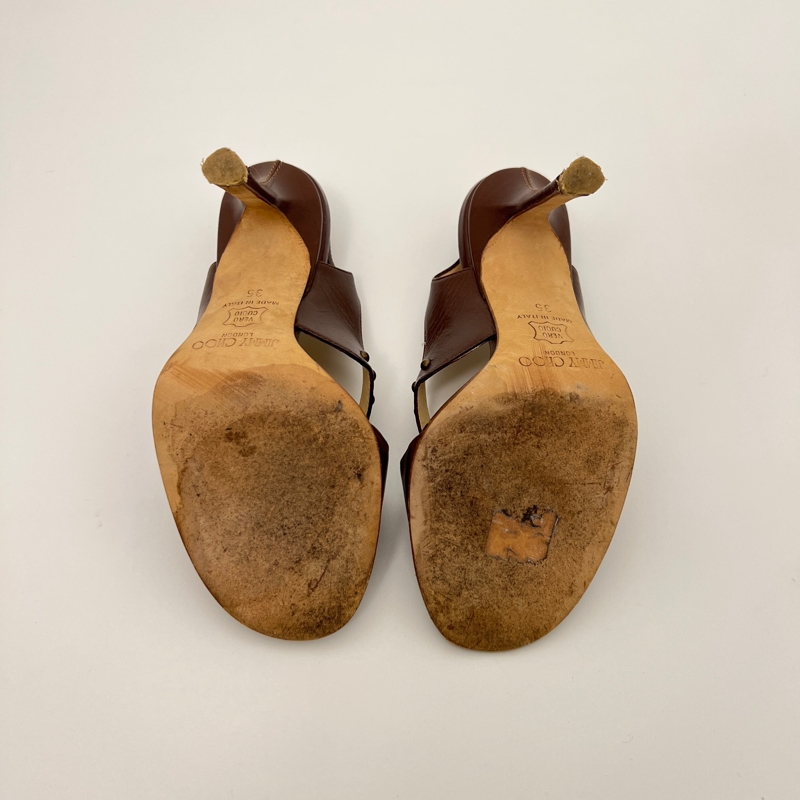 Jimmy Choo | Brown Leather Metal Studs Stitching Slingback Stiletto Heels (35)