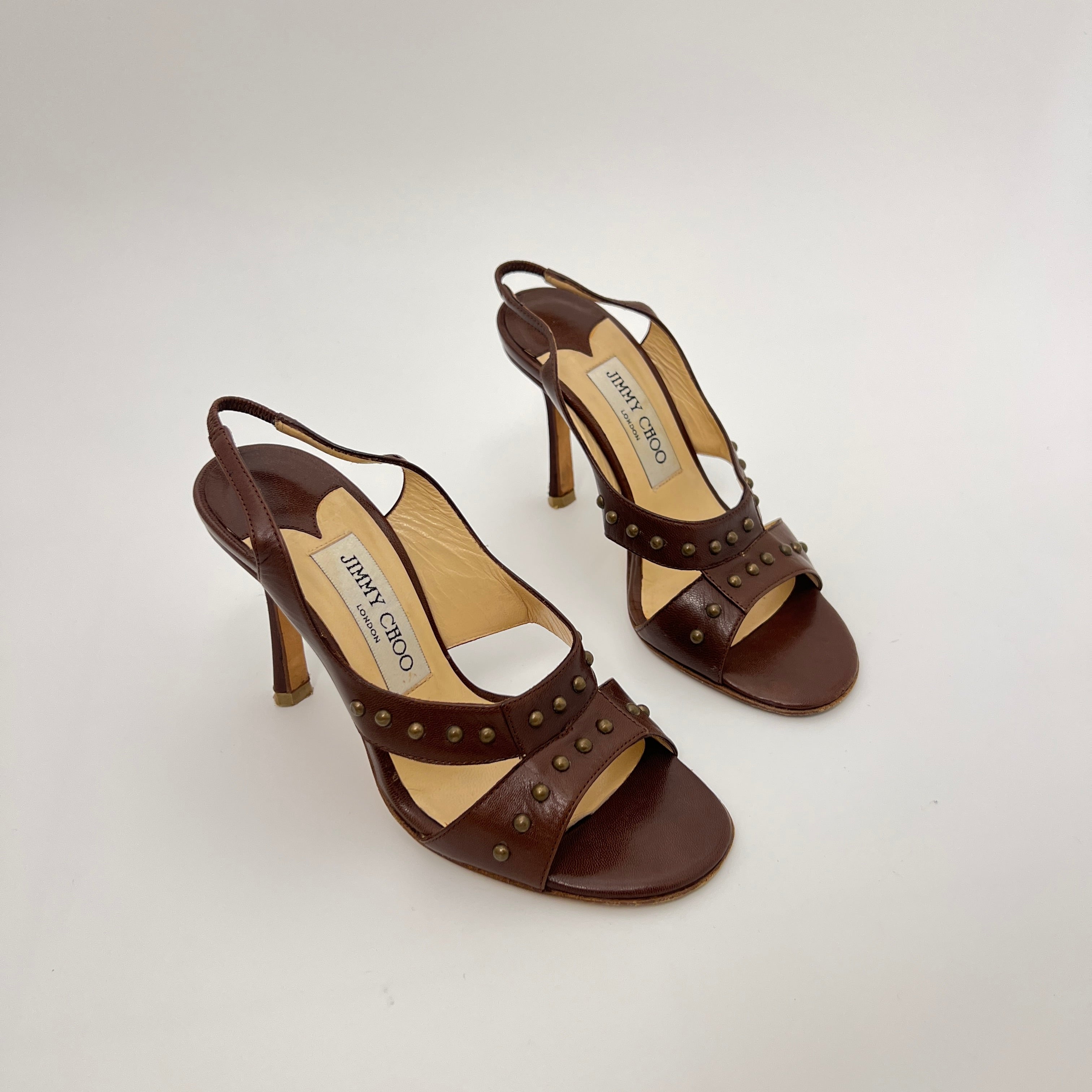 Jimmy Choo | Brown Leather Metal Studs Stitching Slingback Stiletto Heels (35)